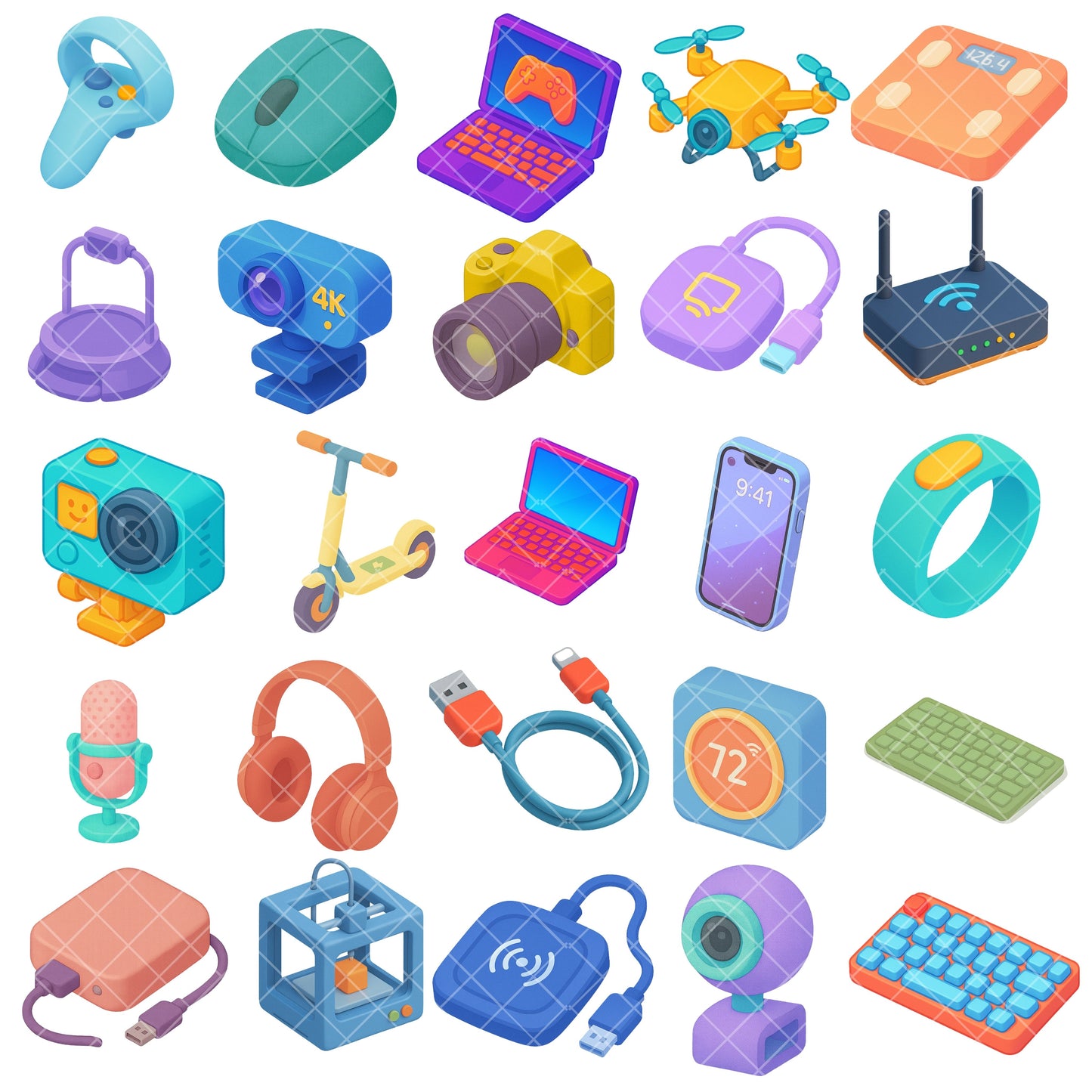 Tech Gadgets 3D Isometric Clipart PNG Bundle – 55 Smart Device, Drone & Keyboard Graphics