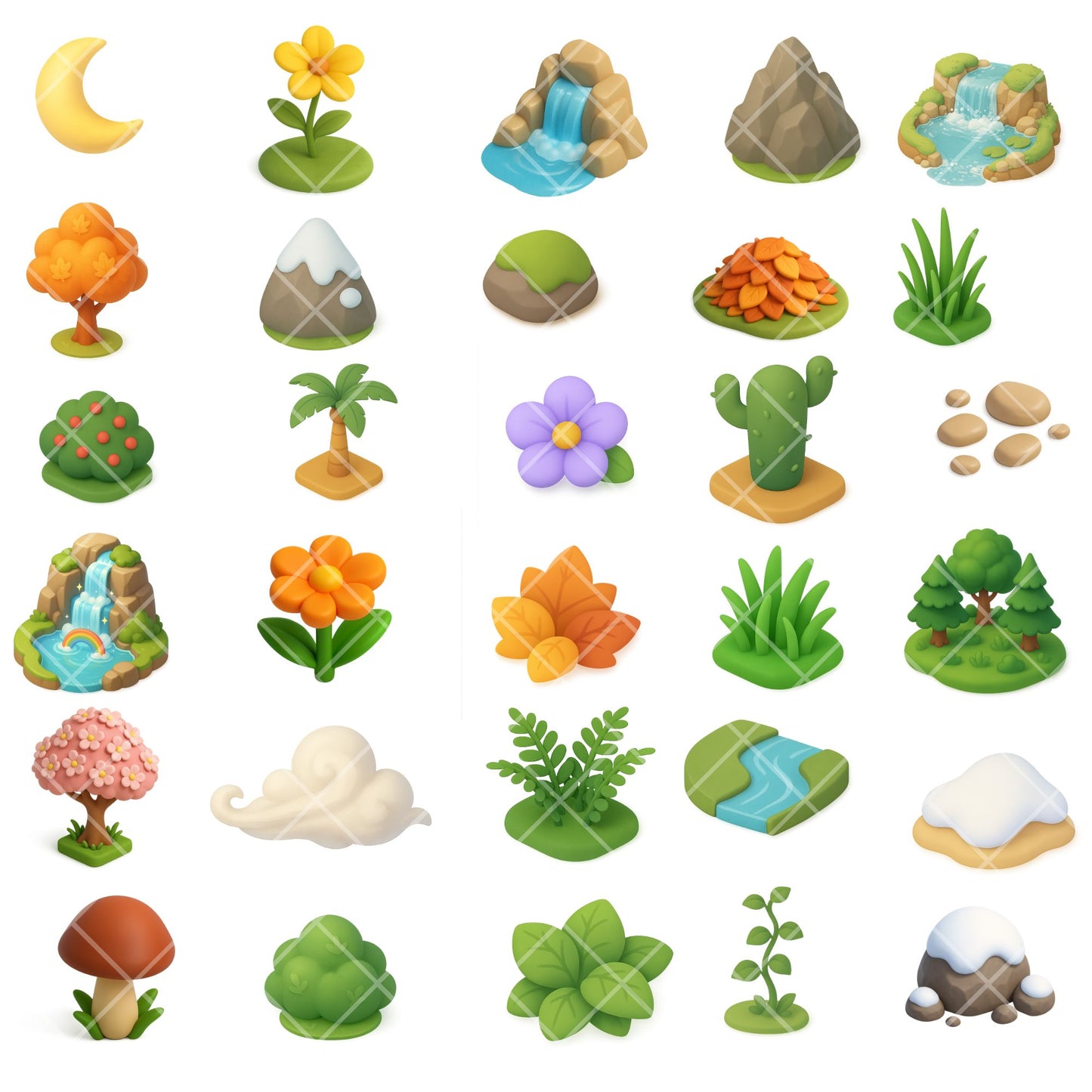 3D Nature Clipart Bundle, Isometric Environment PNG, Natural Landscape Graphics, Trees Mountains Rivers