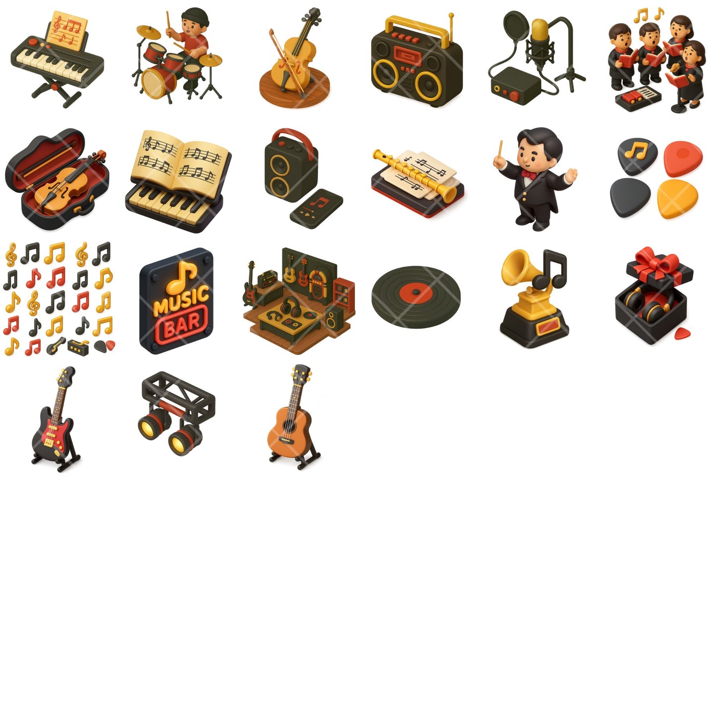 Music Clipart Bundle, 3D Isometric Music PNG, Instruments & Musicians, DJ Band Concert Graphics