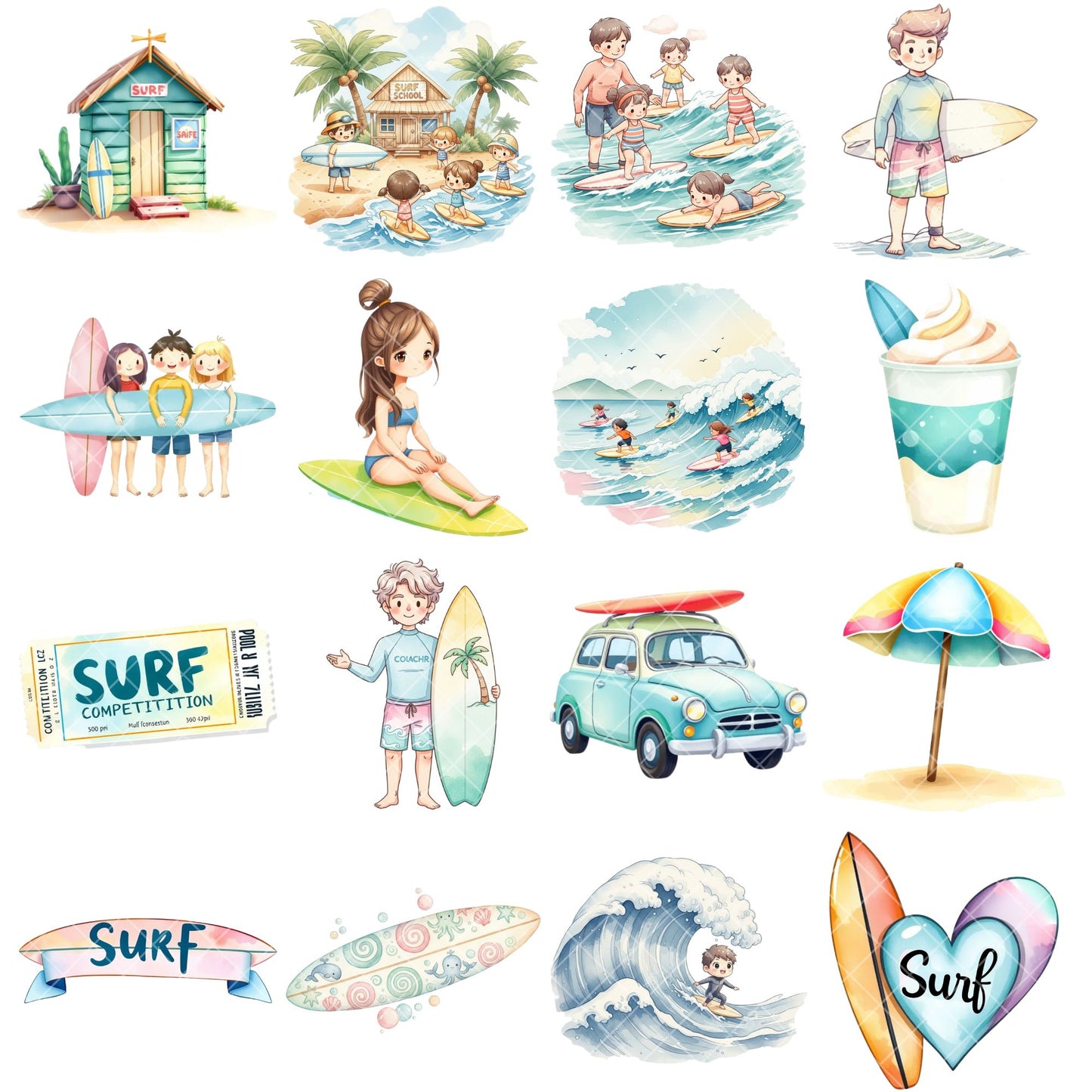 Surfing Watercolor Clipart – 55 Beach PNG Bundle – Surfers, Surfboards, Ocean Waves & Summer Coastal Graphics