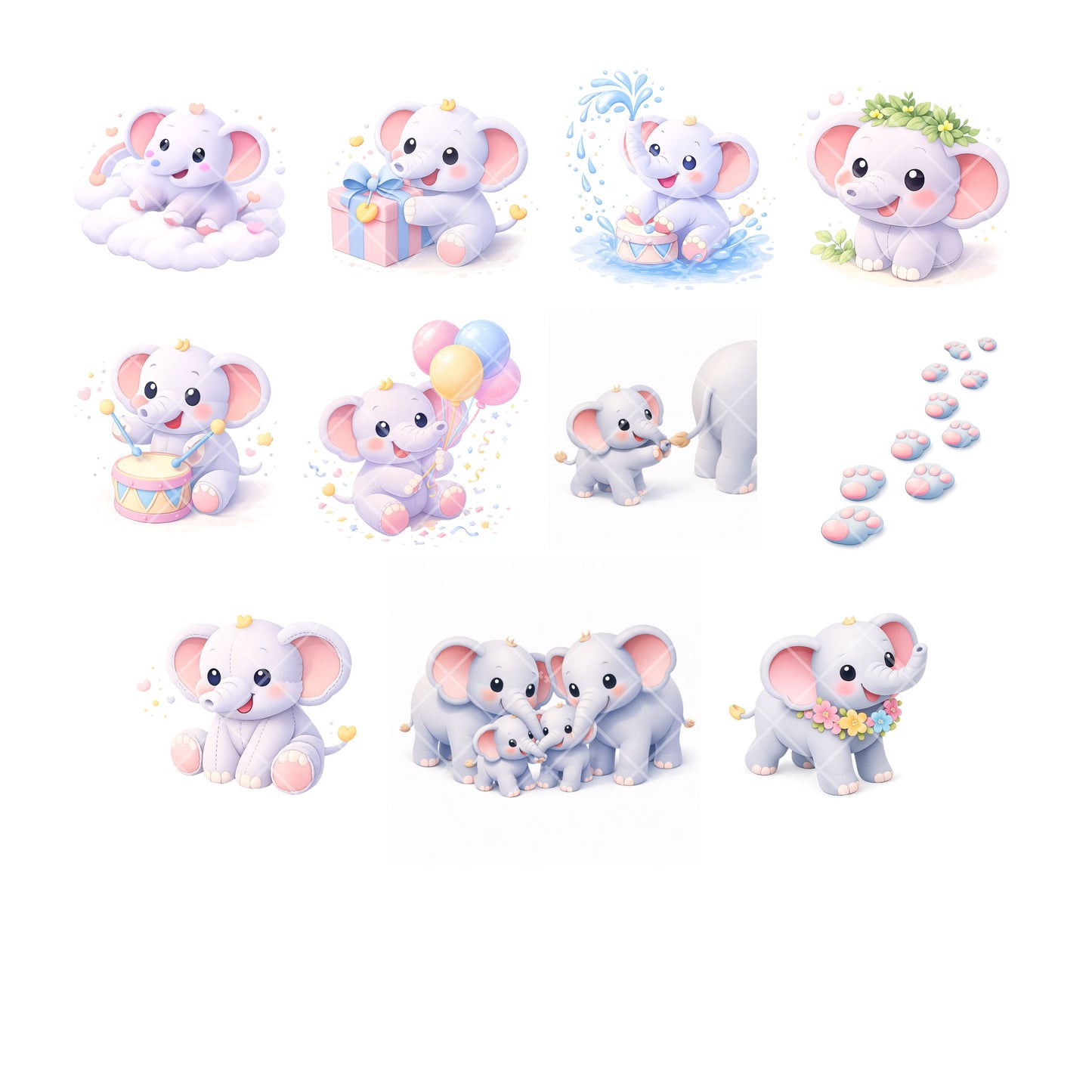 Cute Elephant Clipart PNG Bundle – 50 Baby Elephant 3D Isometric Graphics for Nursery Decor & Sublimation