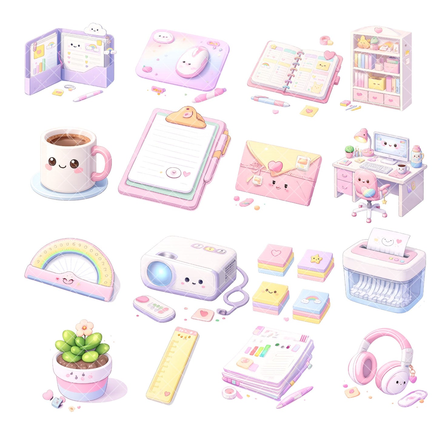 Pastel Office Clipart Bundle – 3D Kawaii Desk & Planner PNGs (58 Files) – Cute Productivity Tools, Digital Planner Graphics, Small Business Branding