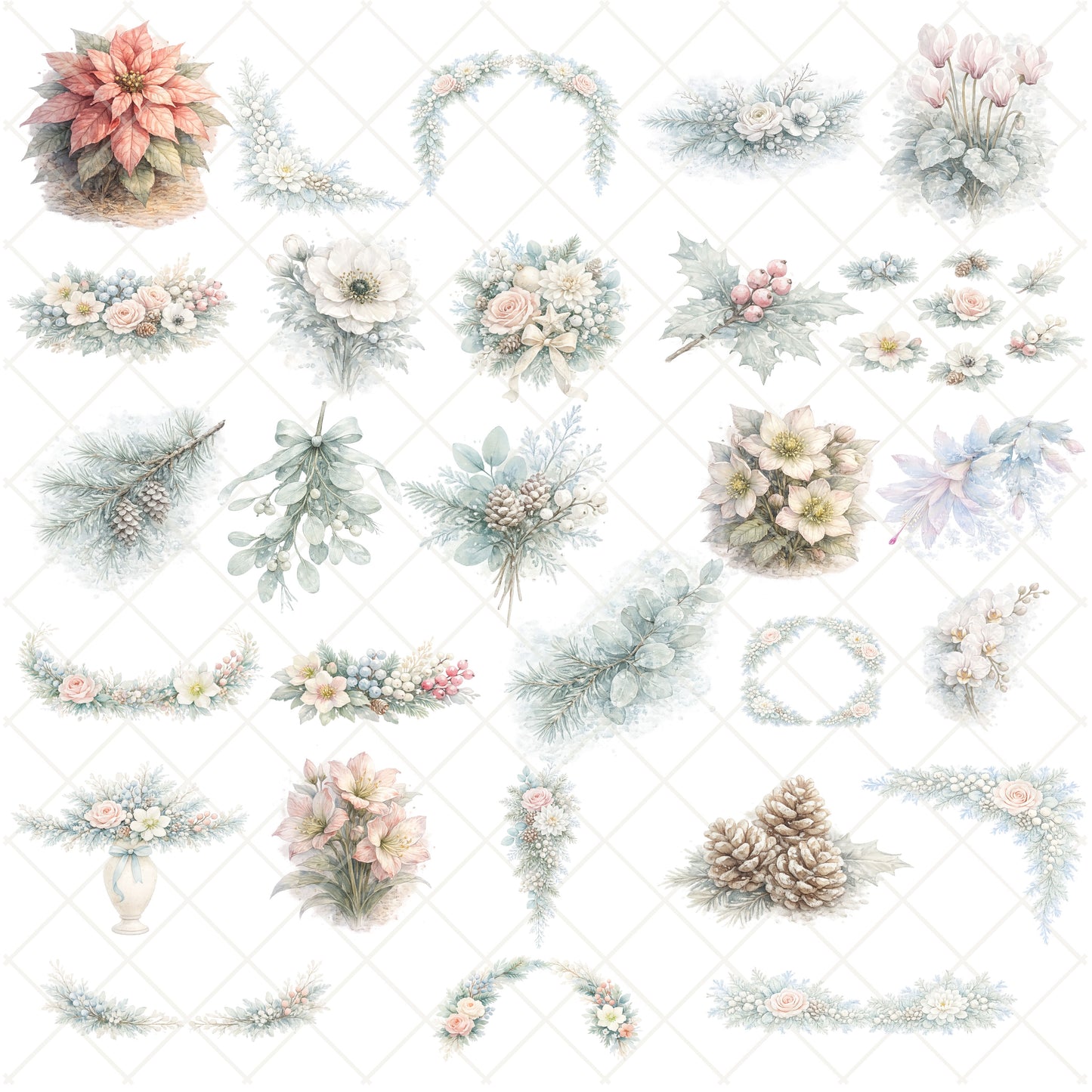Winter Christmas Floral Clipart – 55 Watercolor Holiday PNG Files – Pine, Roses & Snowy Botanical Graphics