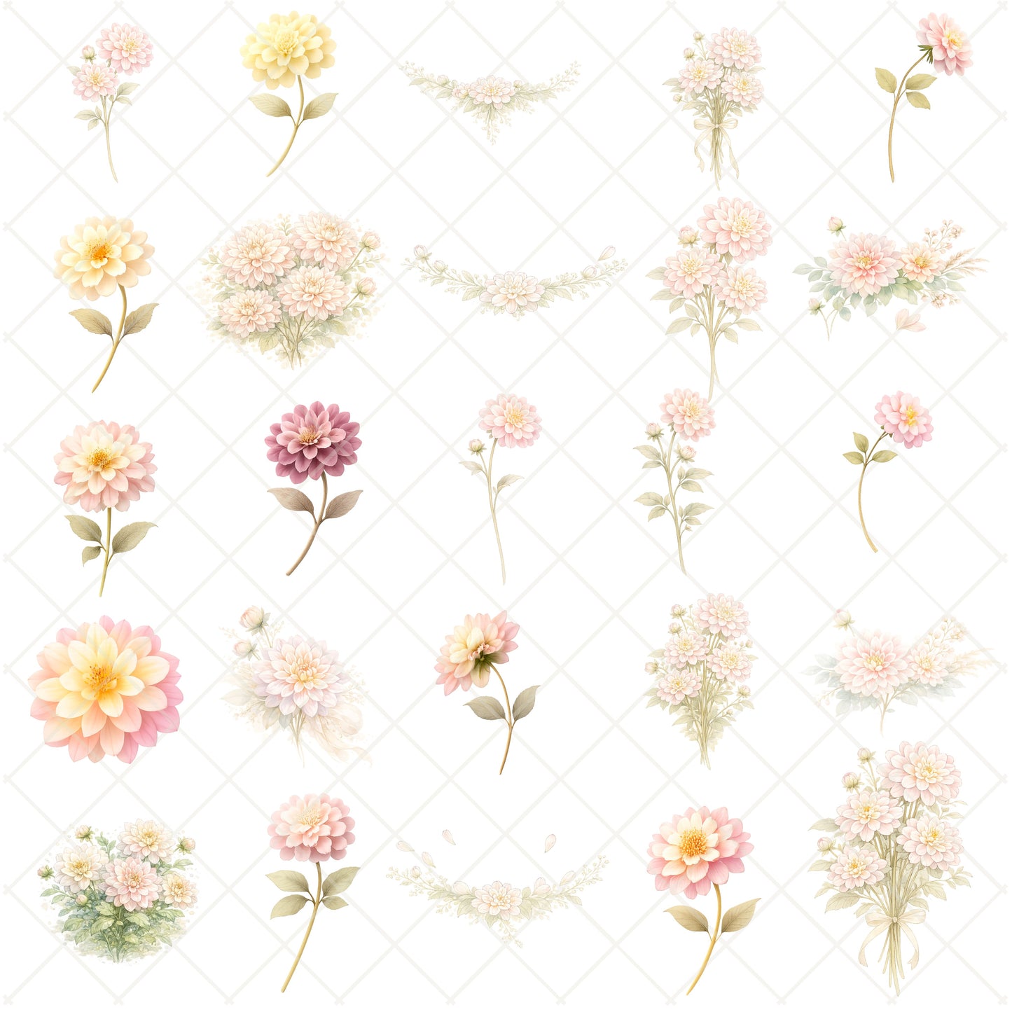 Dahlia Watercolor Clipart – 55 Pastel Floral PNG Files – Romantic Dahlia Bouquets & Garden Flowers