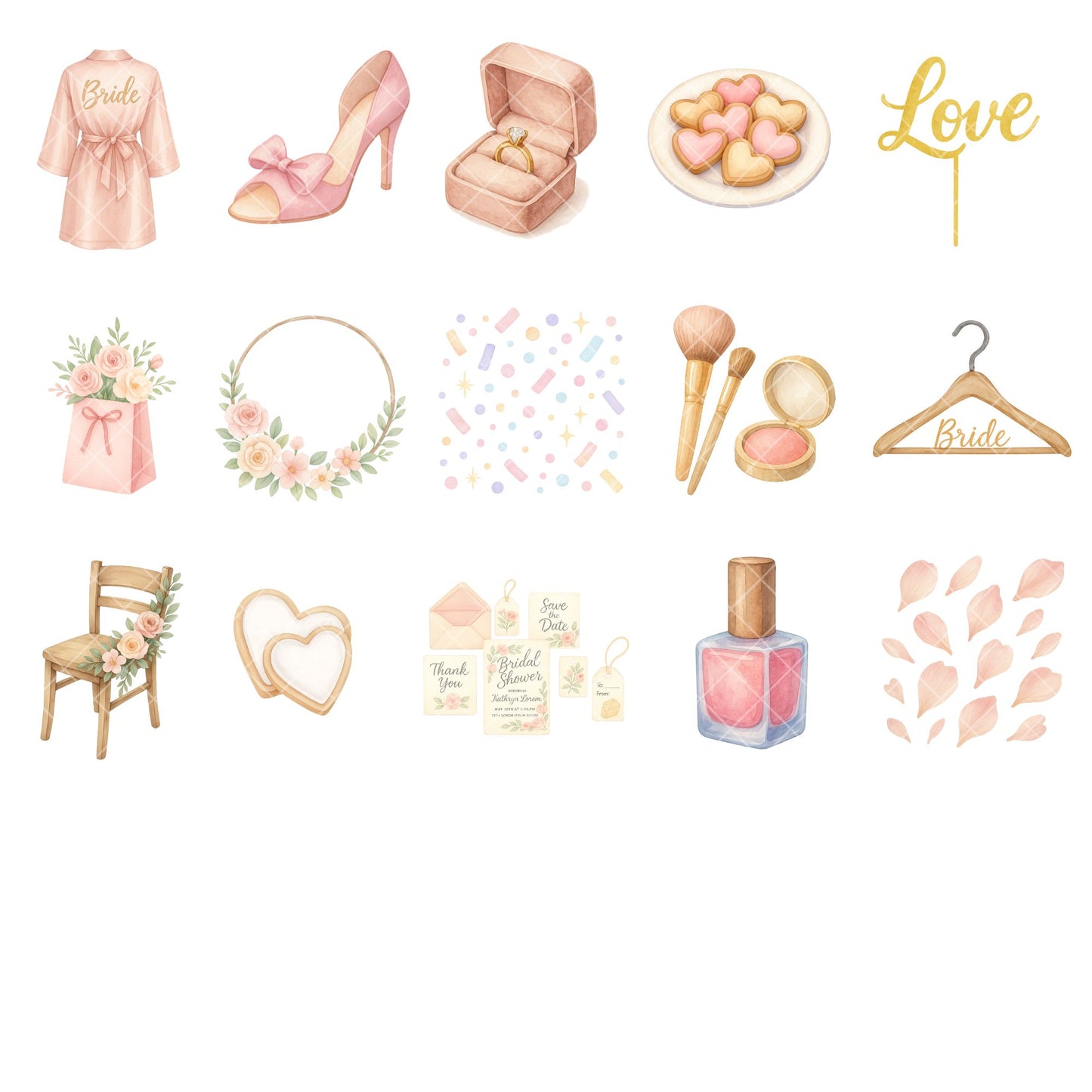Bridal Shower Clipart Watercolor – Floral Champagne & Wedding Dress PNG | Romantic Wedding Party Art (55 Files)