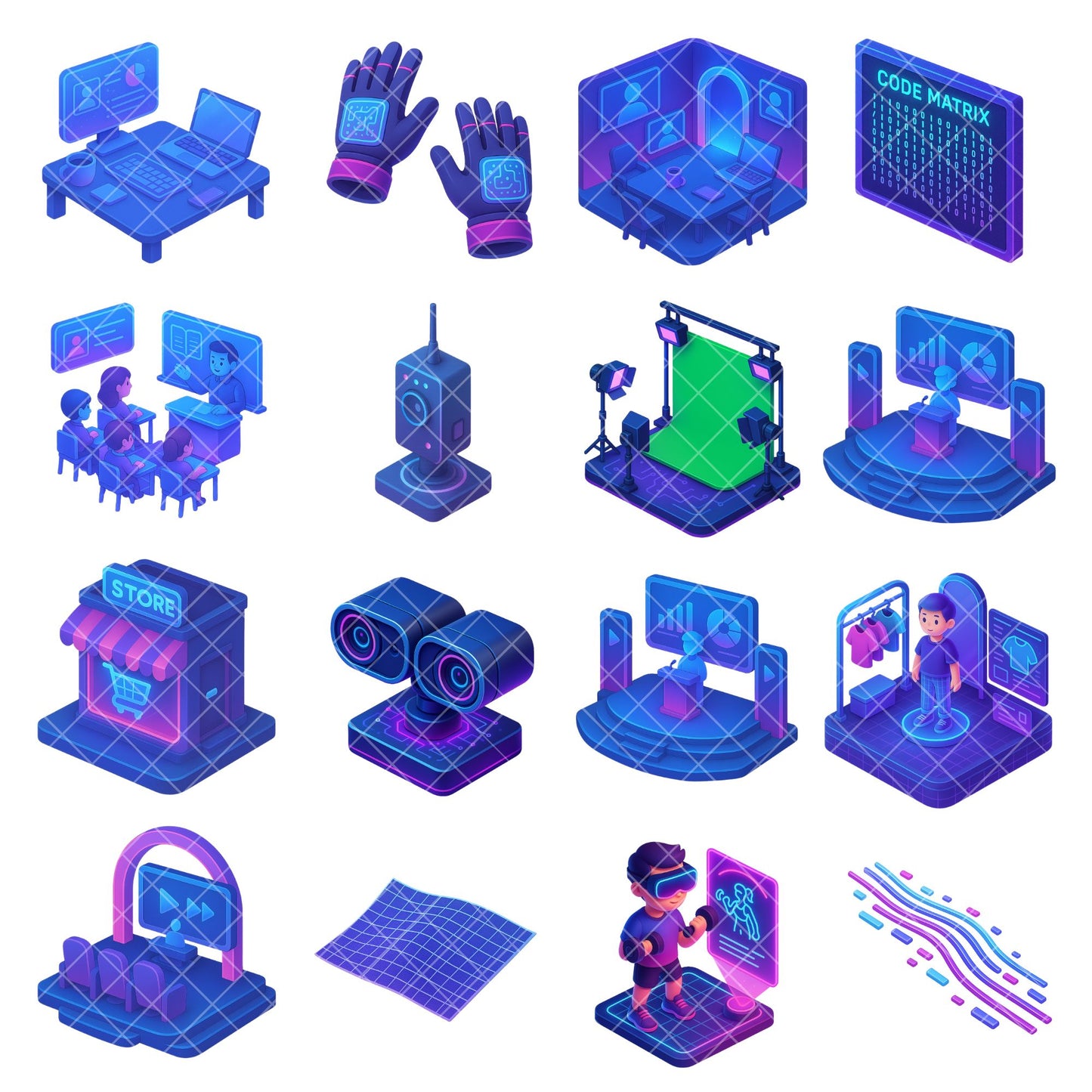 Virtual Reality AI Clipart PNG | Futuristic Tech Icons | Metaverse VR Graphics | 3D Neon AI Illustrations | Commercial Use