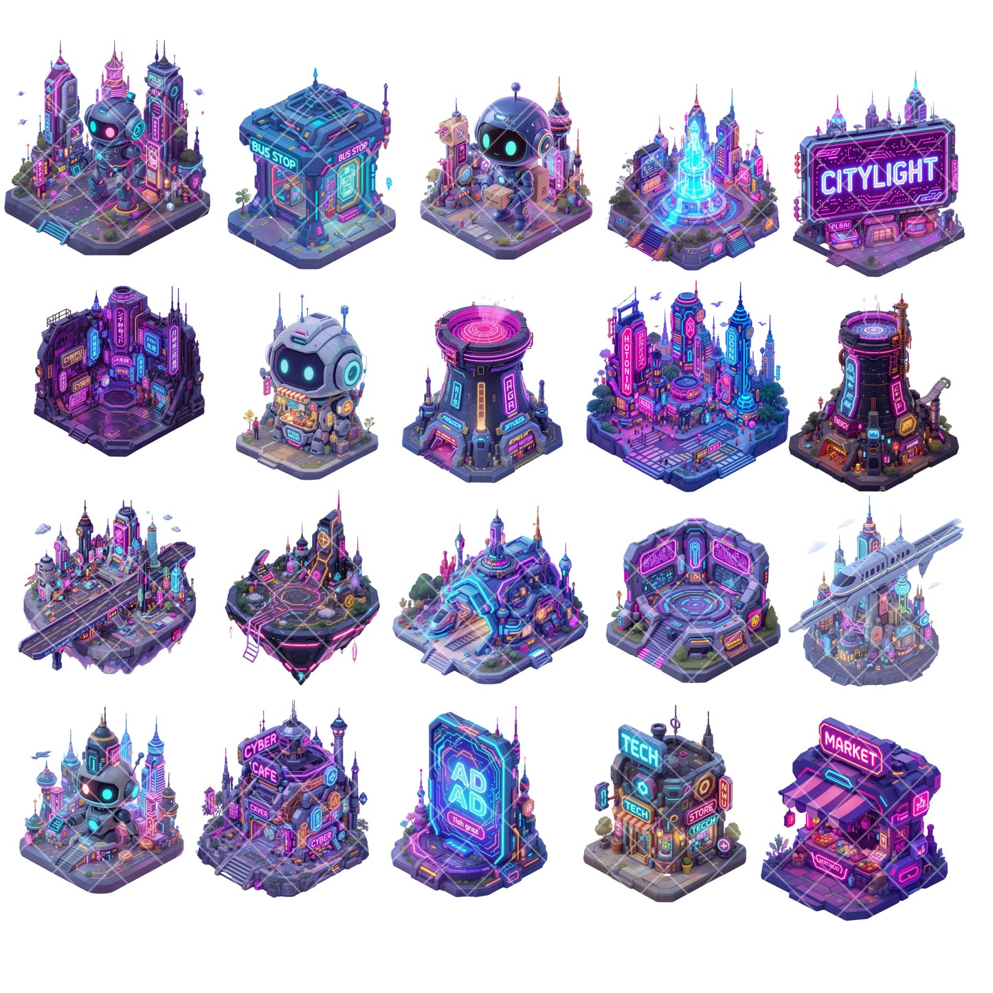 Cyberpunk City PNG Bundle – 60 Neon Sci-Fi Metropolis Clipart for Game Design & Digital Art