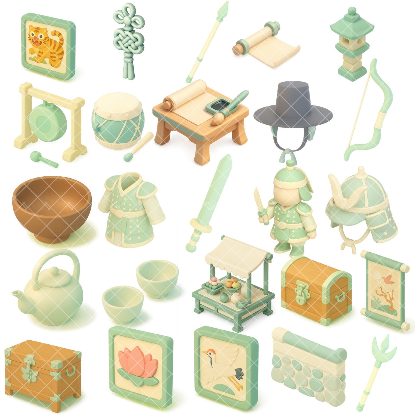 Ancient Korea Joseon 3D Clipart – Korean History & Culture PNG Set (56 Files)