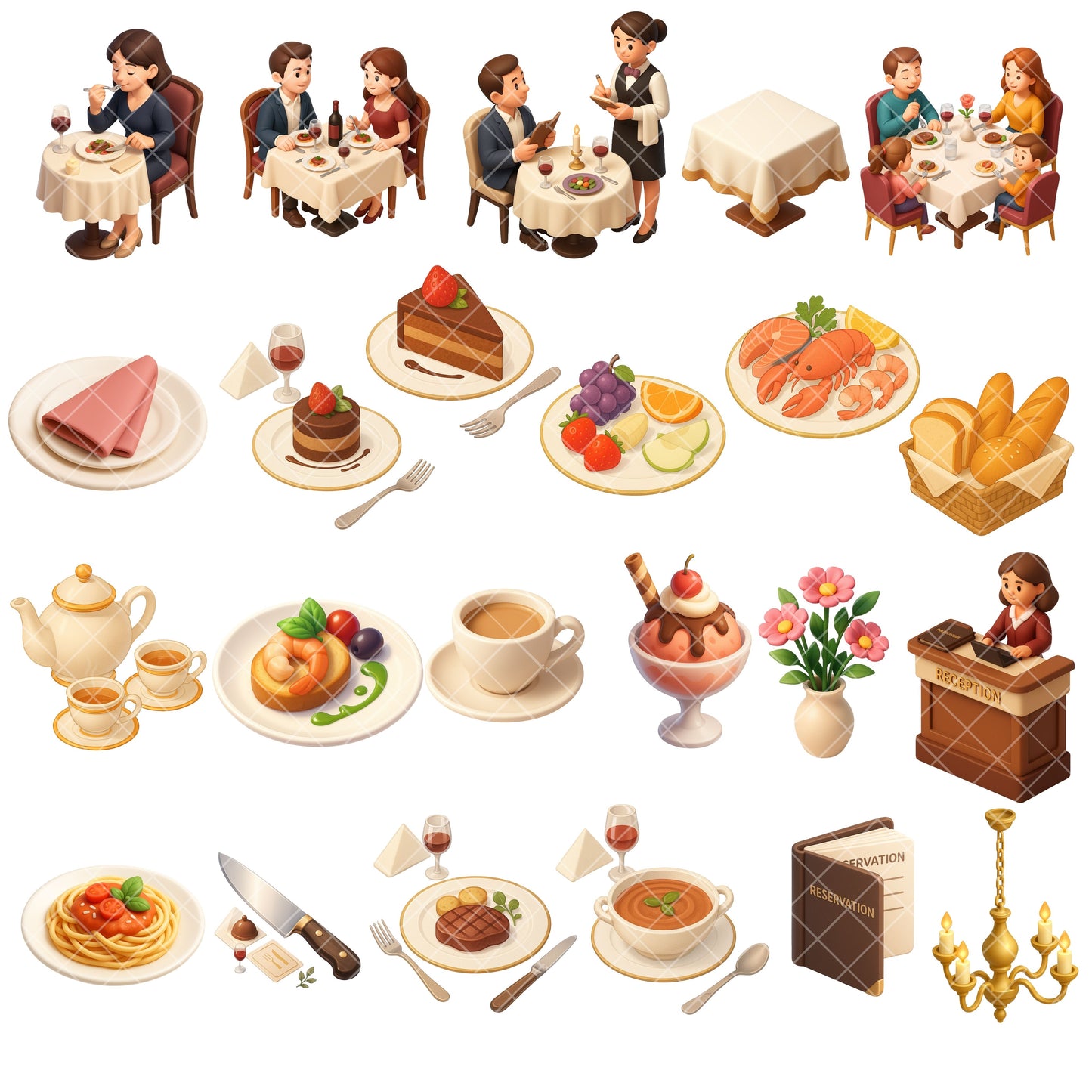 Fine Dining Watercolor Clipart – 65 PNG Restaurant & Bistro Graphics | Chef, Wine, Table Setting, Cafe Art