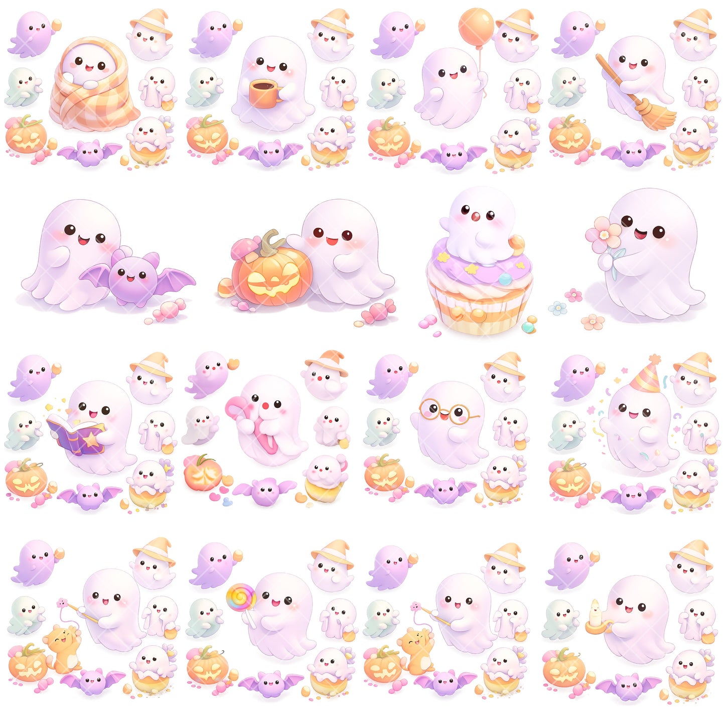 Kawaii Ghost Halloween Clipart Bundle – Cute 3D Isometric Ghost PNG, Pastel Halloween Elements, Candy & Pumpkins, 50 PNG