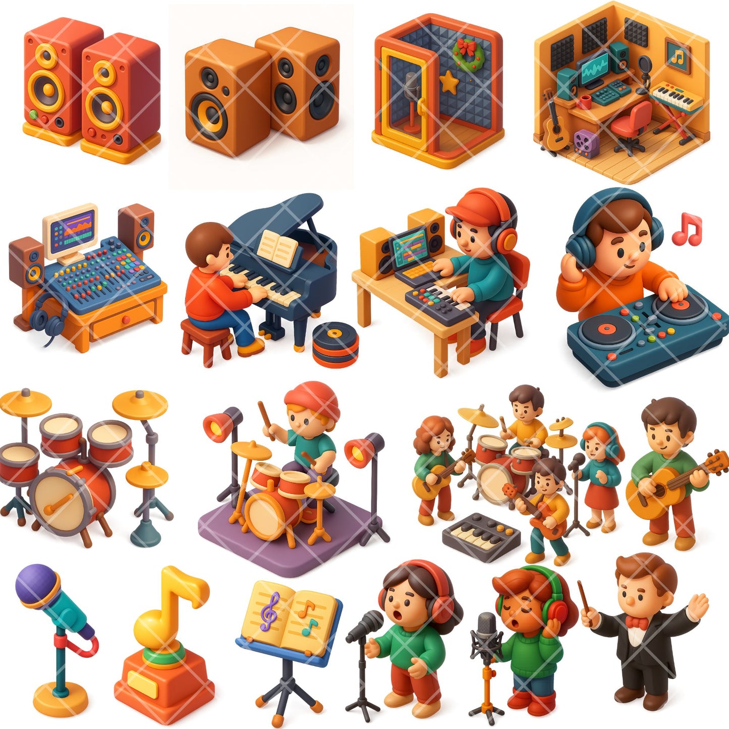 3D Music Instrument Clipart – Studio Equipment PNG Bundle | Guitars, Piano, Drums, Microphones (60 Files)