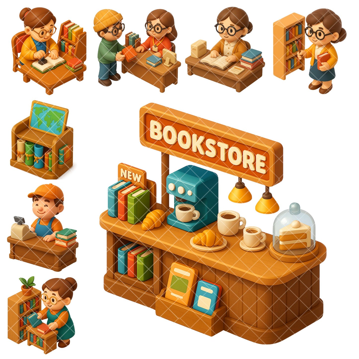 Library Bookstore Clipart – Cozy Reading PNG Set, Books & Bookshelves, Classroom & Teacher Graphics (62 Files)