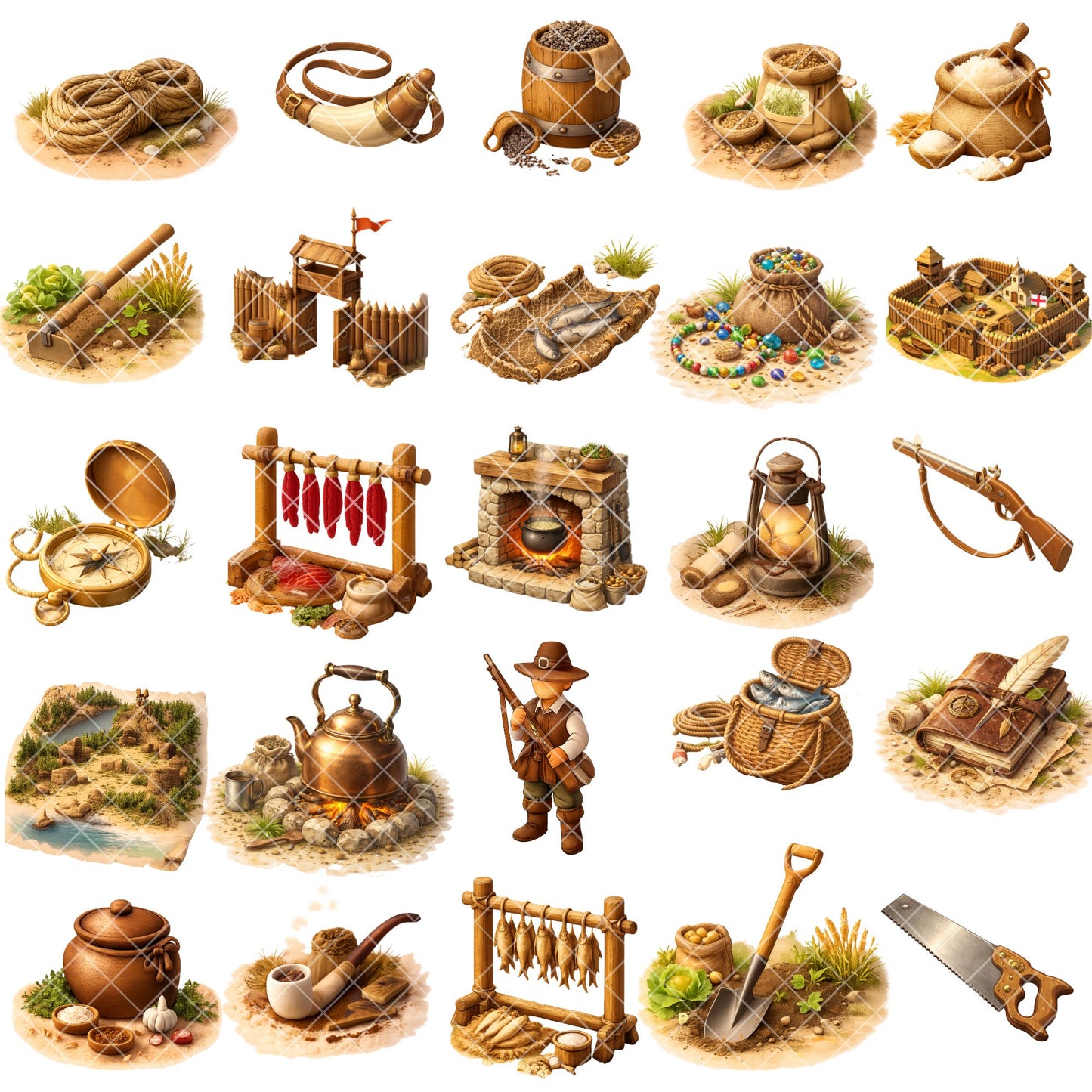 Jamestown Settlement Clipart – 50 Colonial America PNG Files – Pilgrim Village, Fort & Early Colony Graphics