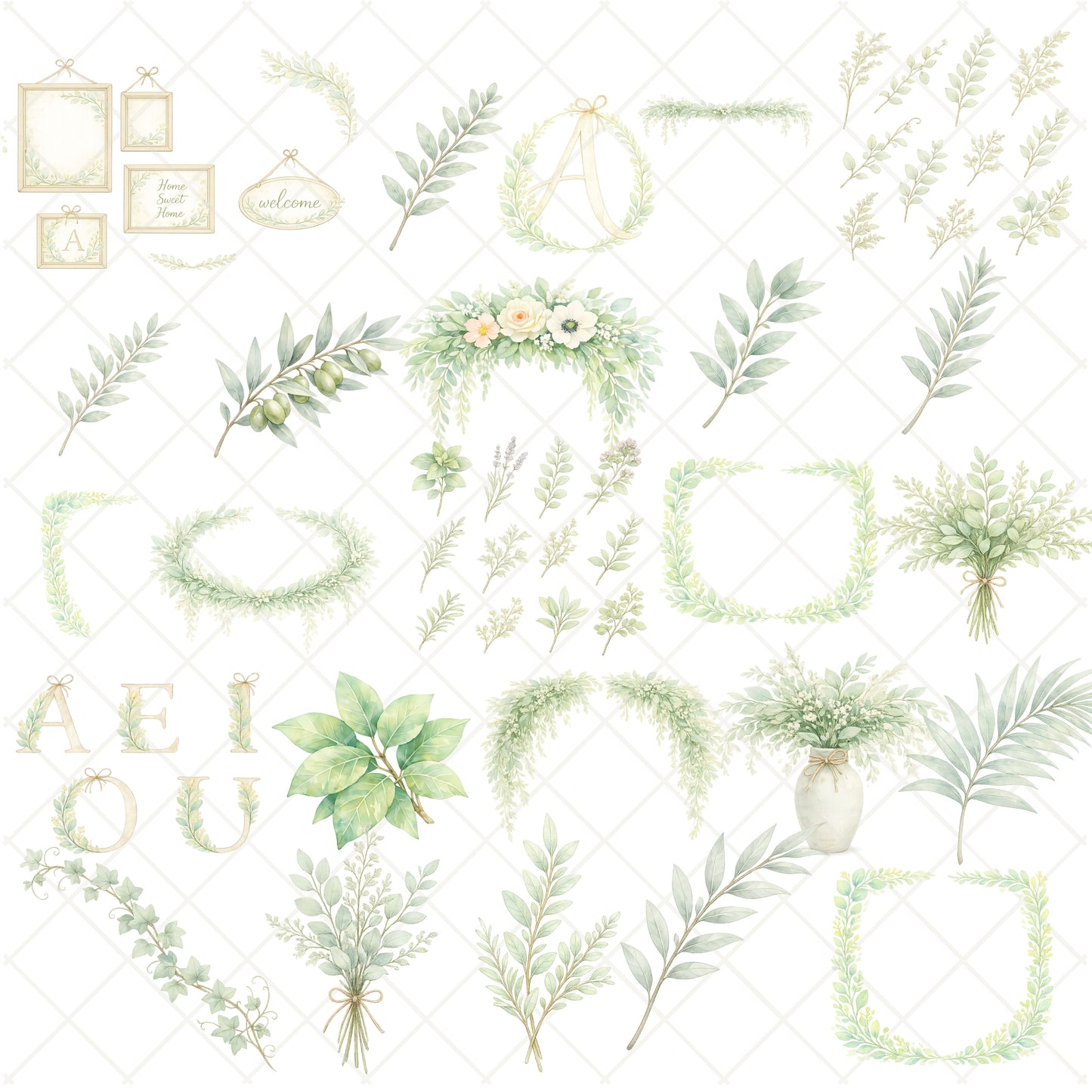 Greenery Clipart – 55 Watercolor Botanical Leaves PNG – Eucalyptus Wedding & Minimal Floral Graphics
