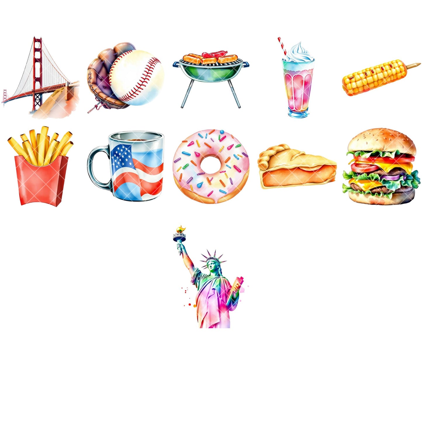 USA Watercolor Clipart PNG | Patriotic American Icons | Fourth of July Clipart | USA Culture Art | Commercial Use