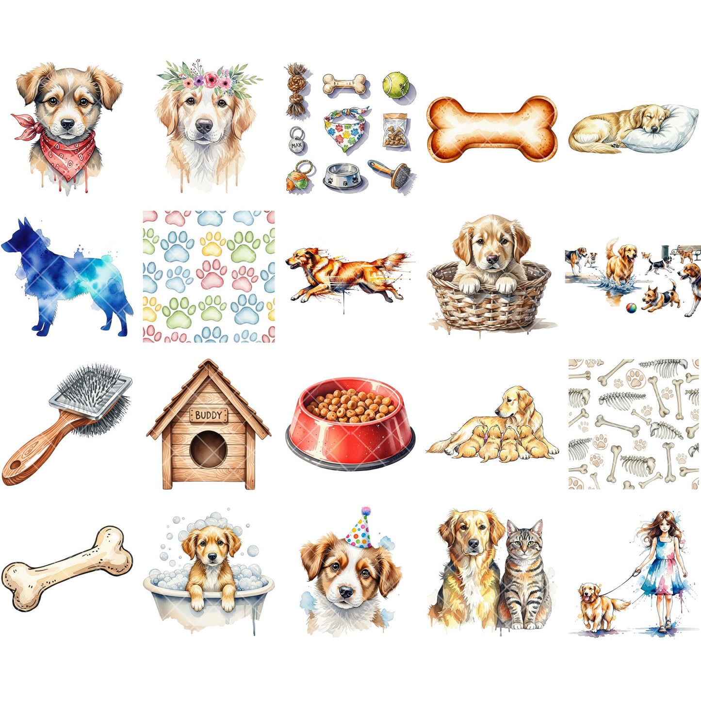 Dog Breeds Watercolor Clipart Bundle – Realistic Puppy PNG, Pet Dog Illustrations for Sublimation, Scrapbooking & Crafts, 54 PNG