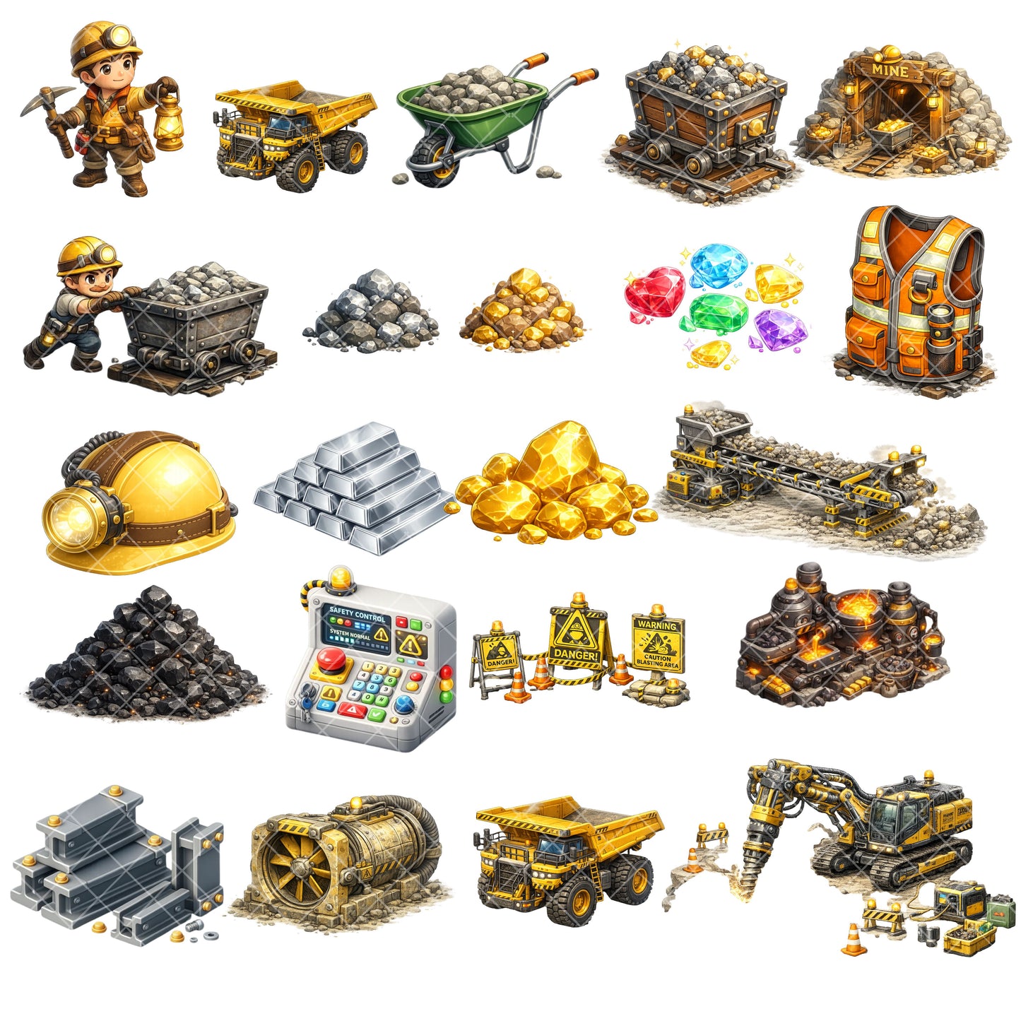 Miner 3D Isometric Clipart Bundle – Mining Equipment PNGs (44 Files) – Heavy Industry, STEM & Construction Graphics