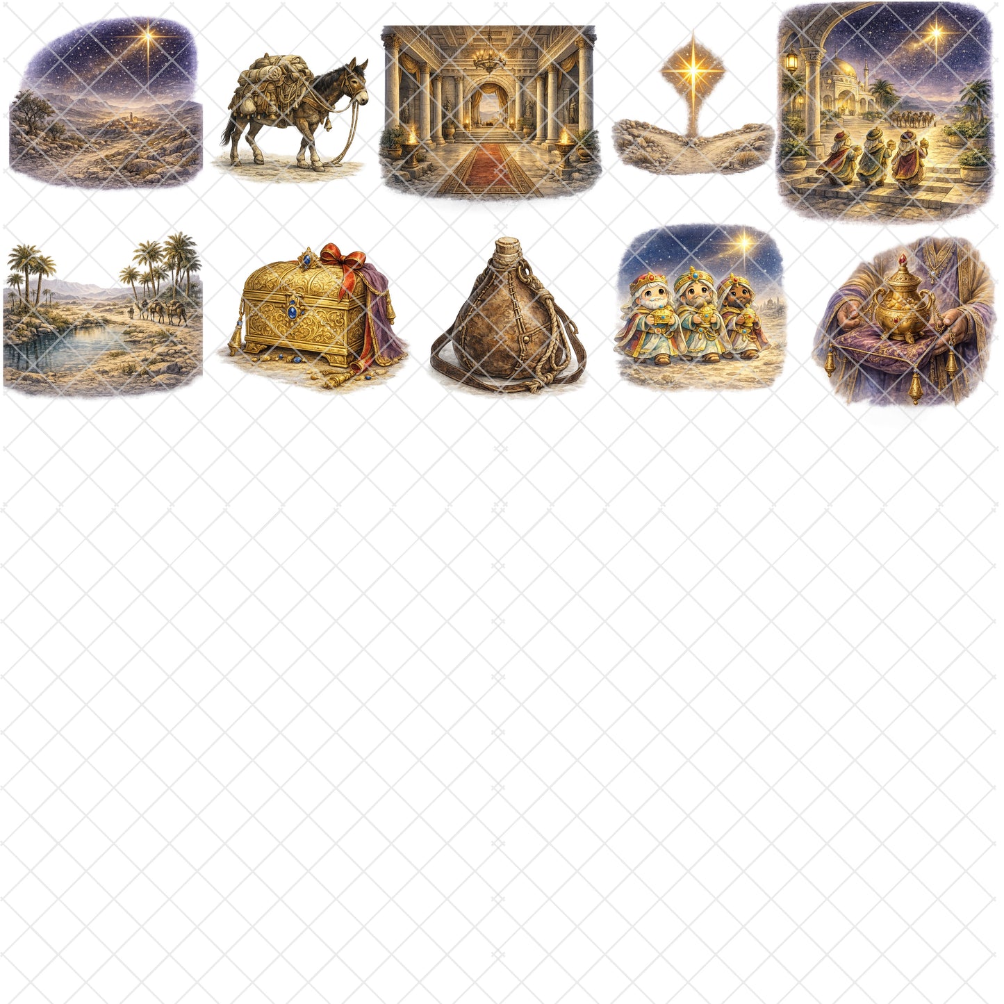 Wise Men Journey Watercolor Clipart PNG Bundle – 60 Nativity Graphics, Three Kings, Camels & Christmas Bible Art