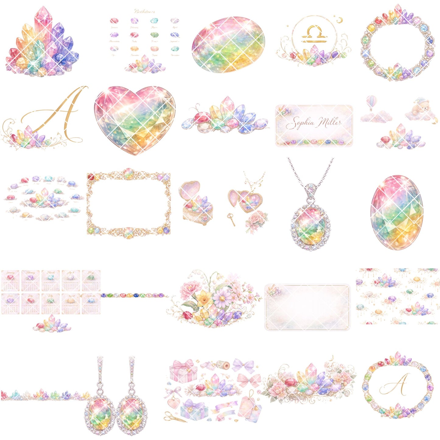 Birthstone Clipart – 55 Watercolor Gemstone PNG Files – Pastel Crystal Graphics for Zodiac & Jewelry Designs