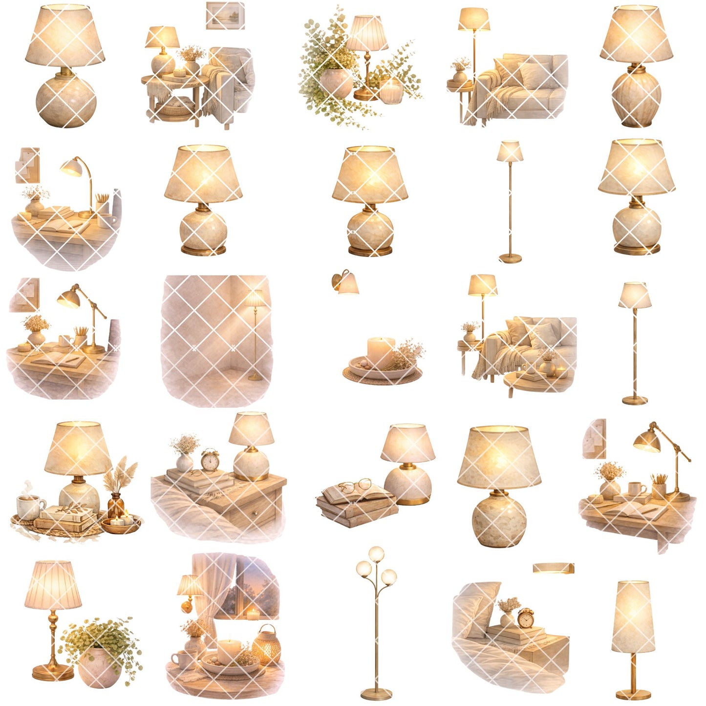 Cozy Lamp Clipart – 55 Watercolor Lighting PNG Files – Table Lamps, Candles & Hygge Home Decor Graphics