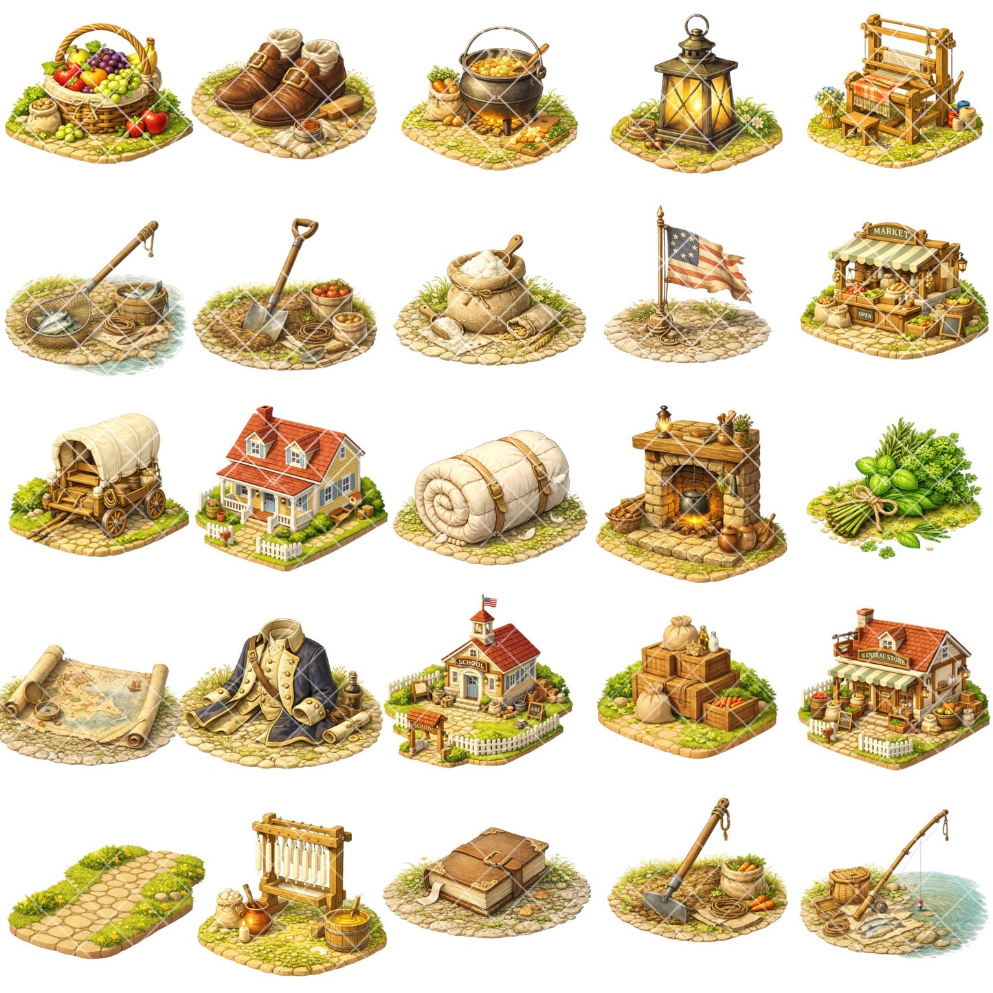 13 Colonies Clipart – Colonial Daily Life PNG Bundle – 54 Early American Homes, Tools & Classroom Graphics