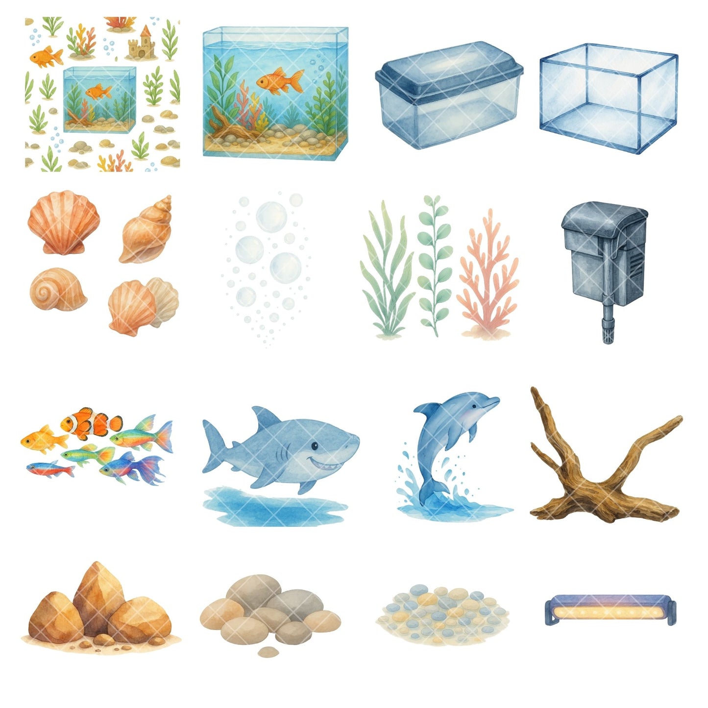 Watercolor Aquarium Clipart Bundle – Fish & Tank PNG, Under the Sea Animals, Kids Ocean Graphics, Educational Fish Art, 51 PNG