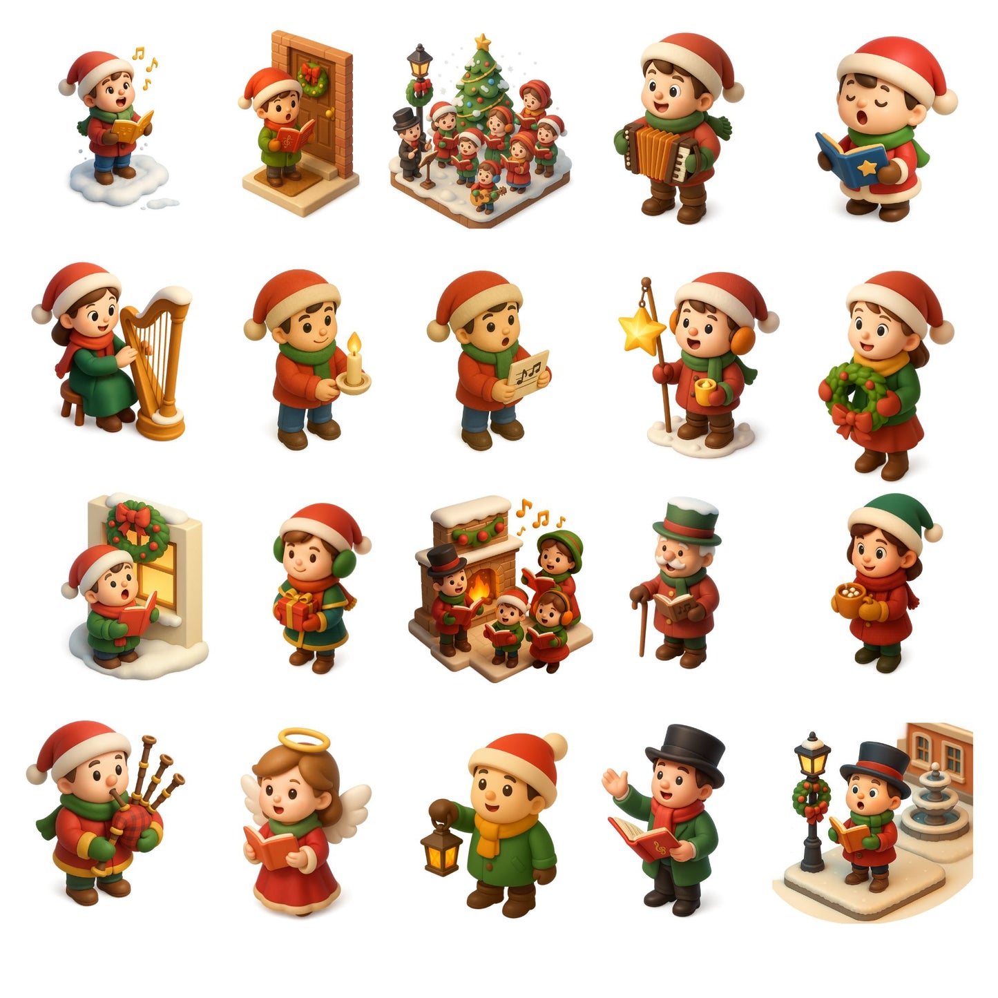 Christmas Carolers Clipart, 3D Isometric Holiday PNG Set, Festive Music Choir, Angels & Winter Decor, 60 PNG Files