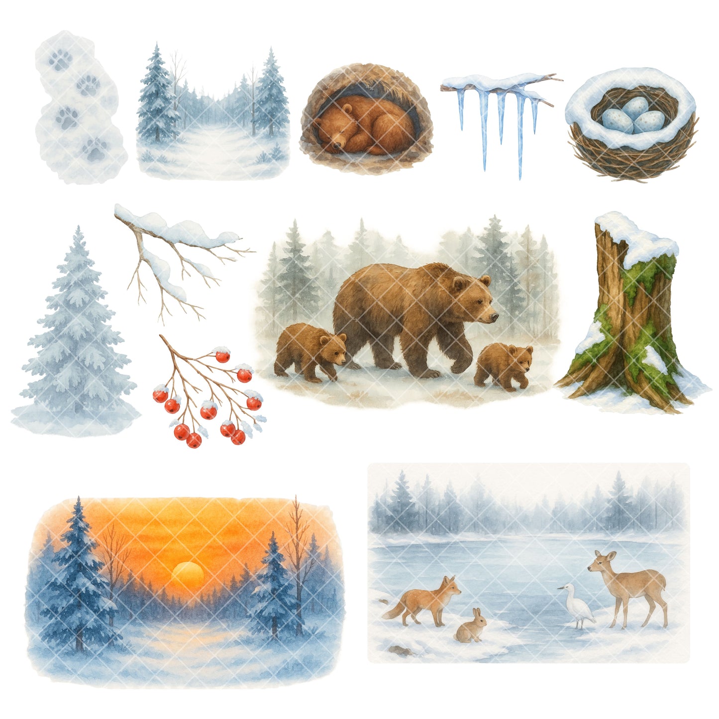 Woodland Winter Animals PNG Clipart – Frosty Forest Watercolor Set | Christmas Nursery Art, Stickers, Planners