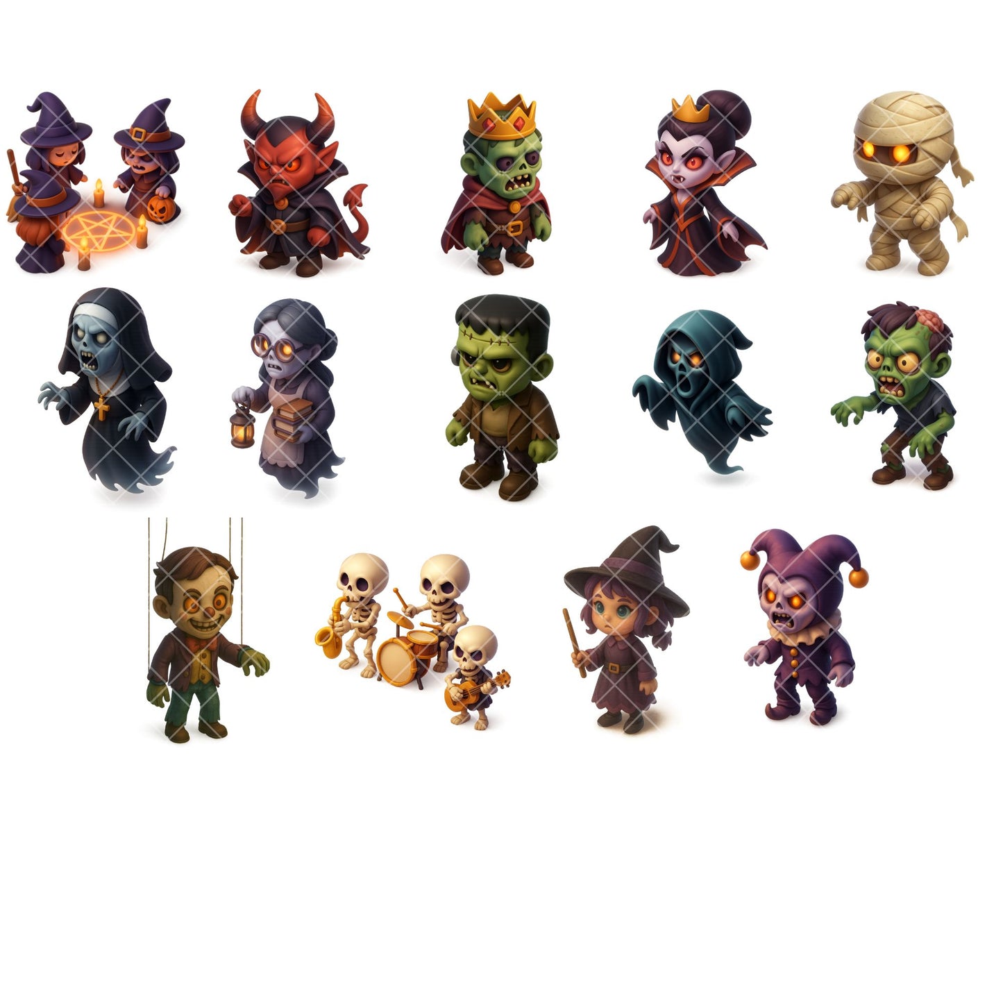 Halloween Clipart Characters – Spooky Cute Witches, Ghosts & Monsters PNG | 3D Halloween Art (54 Files)
