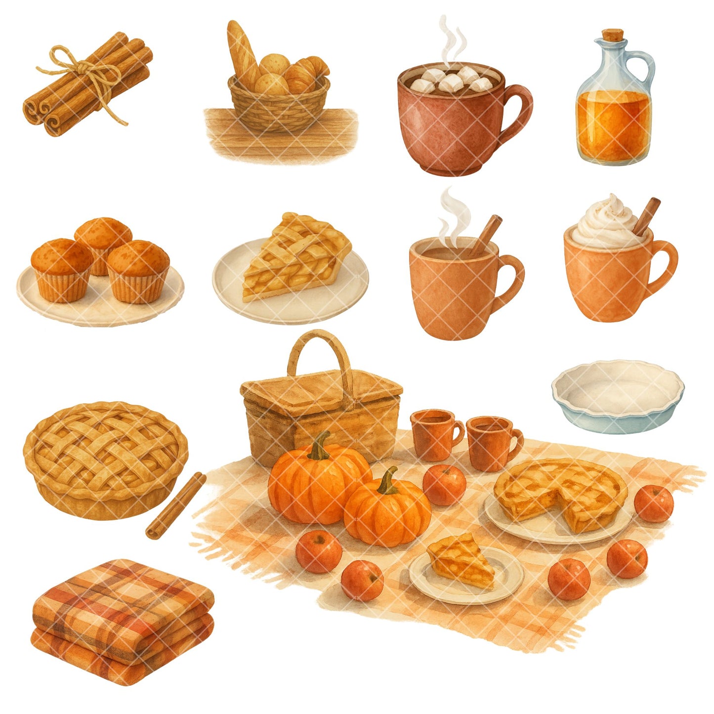 Watercolor Autumn Harvest PNG Bundle – Fall Farm Clipart, Rustic Pumpkin & Thanksgiving Art (56 Files)