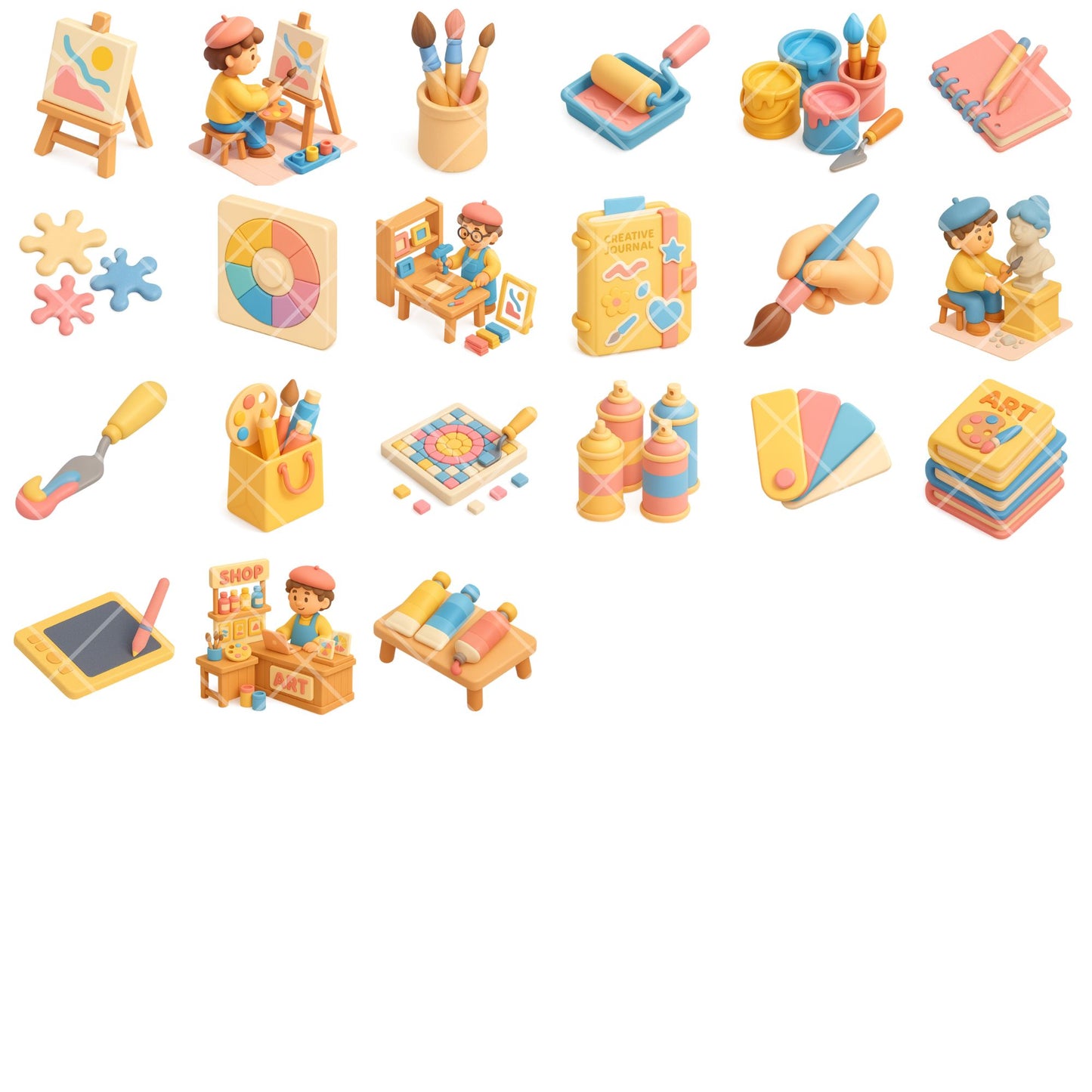 3D Isometric Art Class Clipart, Art Supplies PNG Bundle, Creative Classroom Graphics, Kids Art School Clipart
