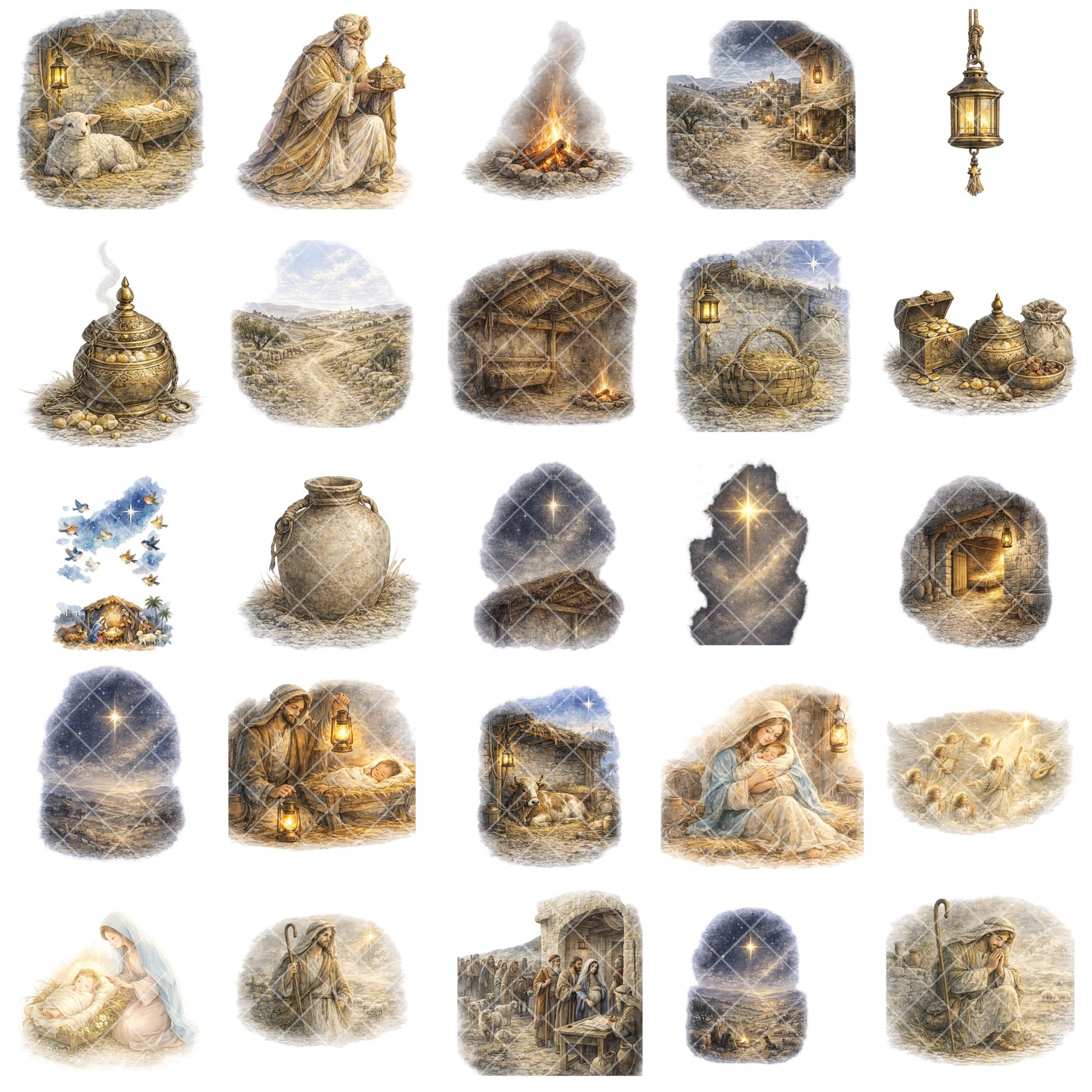 Nativity Clipart – 60 Birth of Jesus PNG Files – Christmas Bible Story Watercolor Graphics