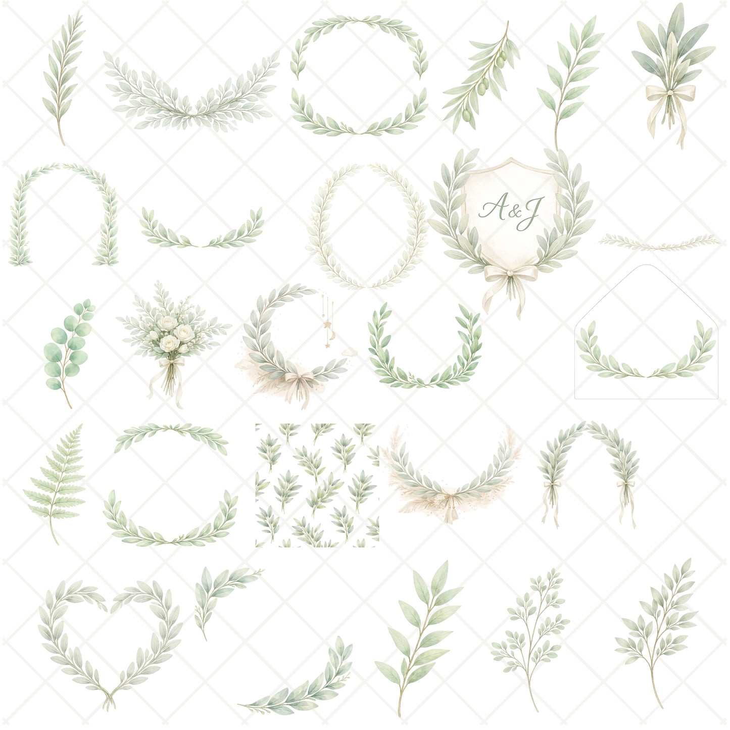 Sage Green Wedding Clipart – 55 Watercolor Greenery PNG Files – Minimal Botanical Floral Invitation Set