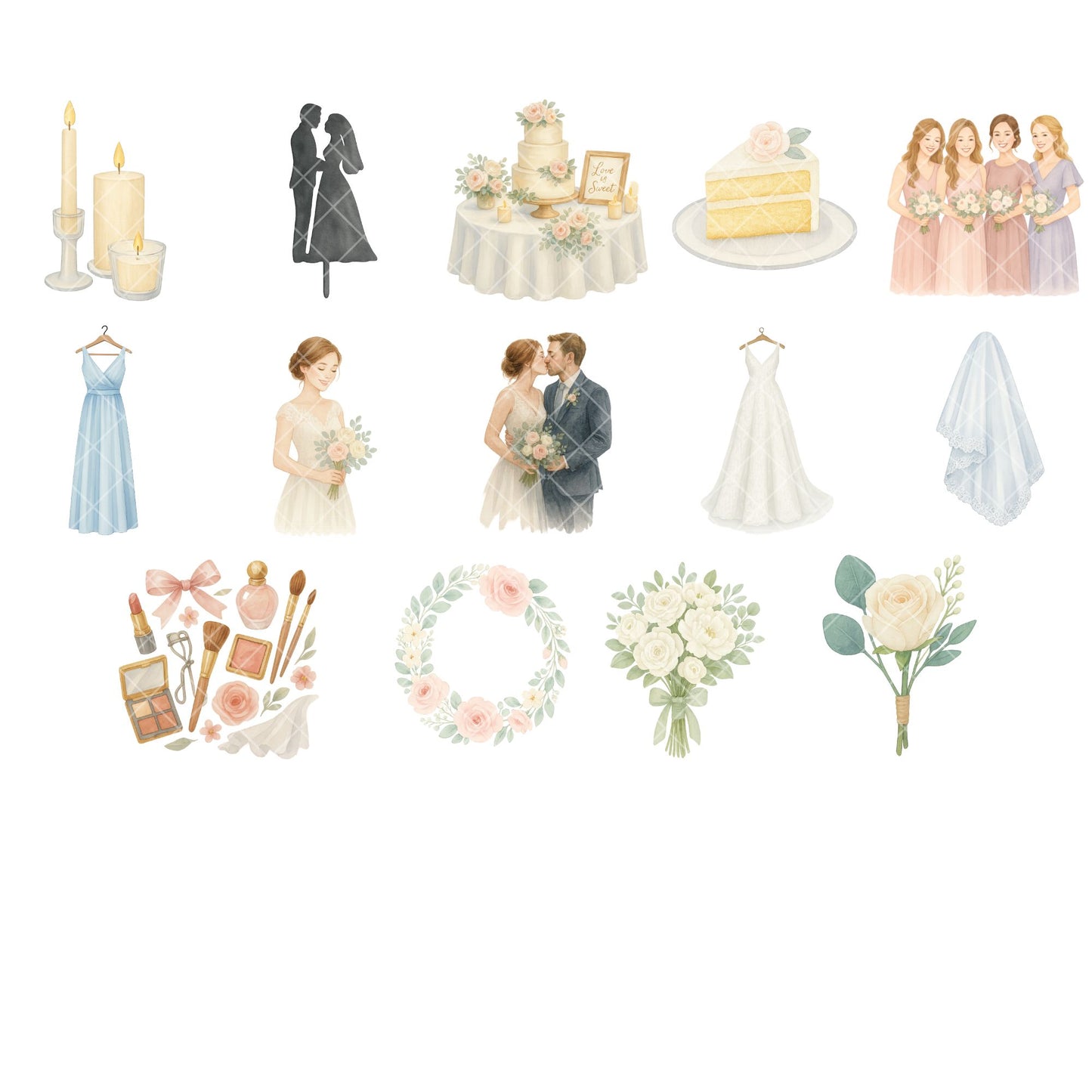 Watercolor Wedding Clipart Bundle, Romantic Bride Groom PNG, Wedding Decor Flowers Rings Cake Arch Set (54 PNG)