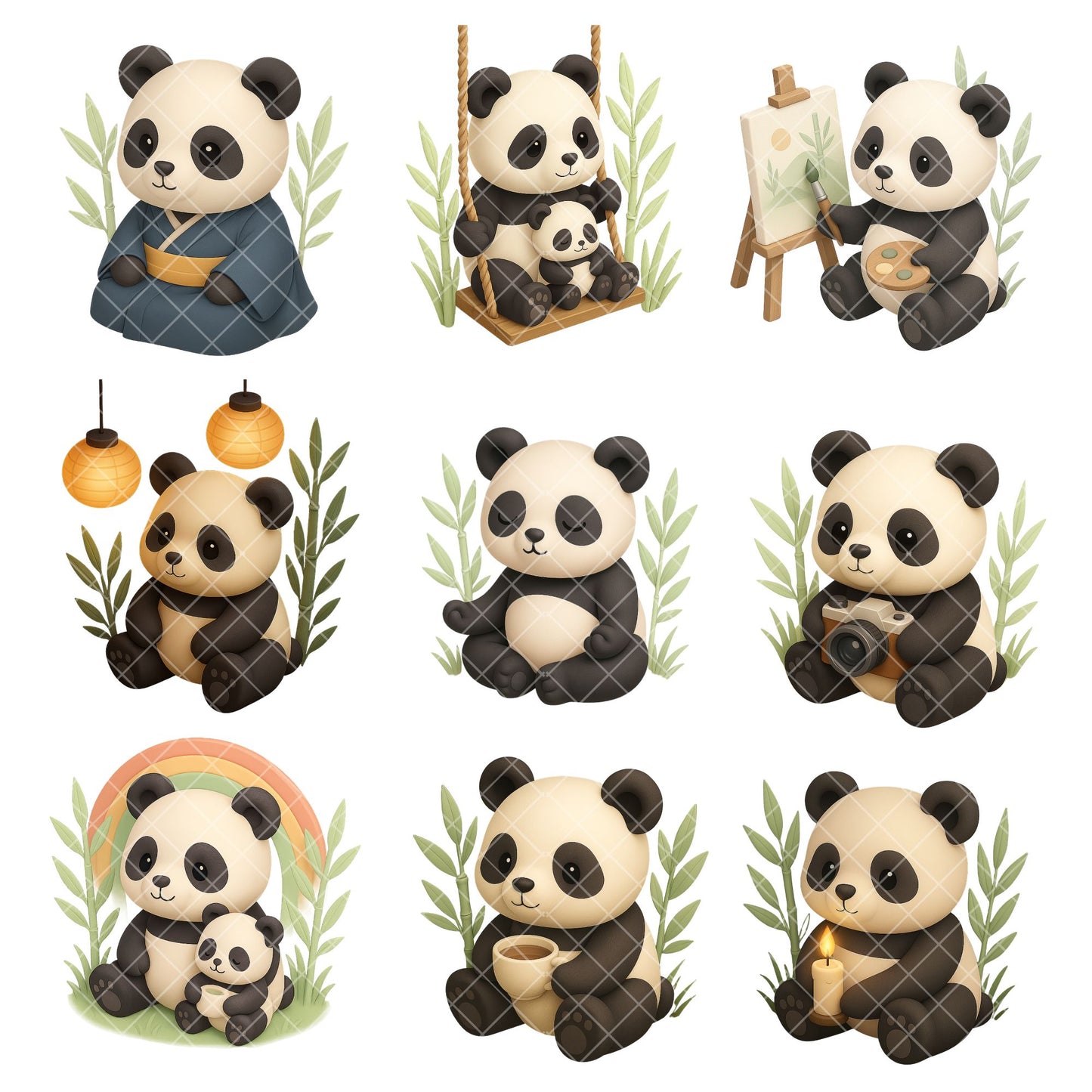 Cute Panda Clipart Bundle – 3D Isometric Panda PNG, Kawaii Animal Stickers, Planner & Sublimation Graphics, 50 PNG