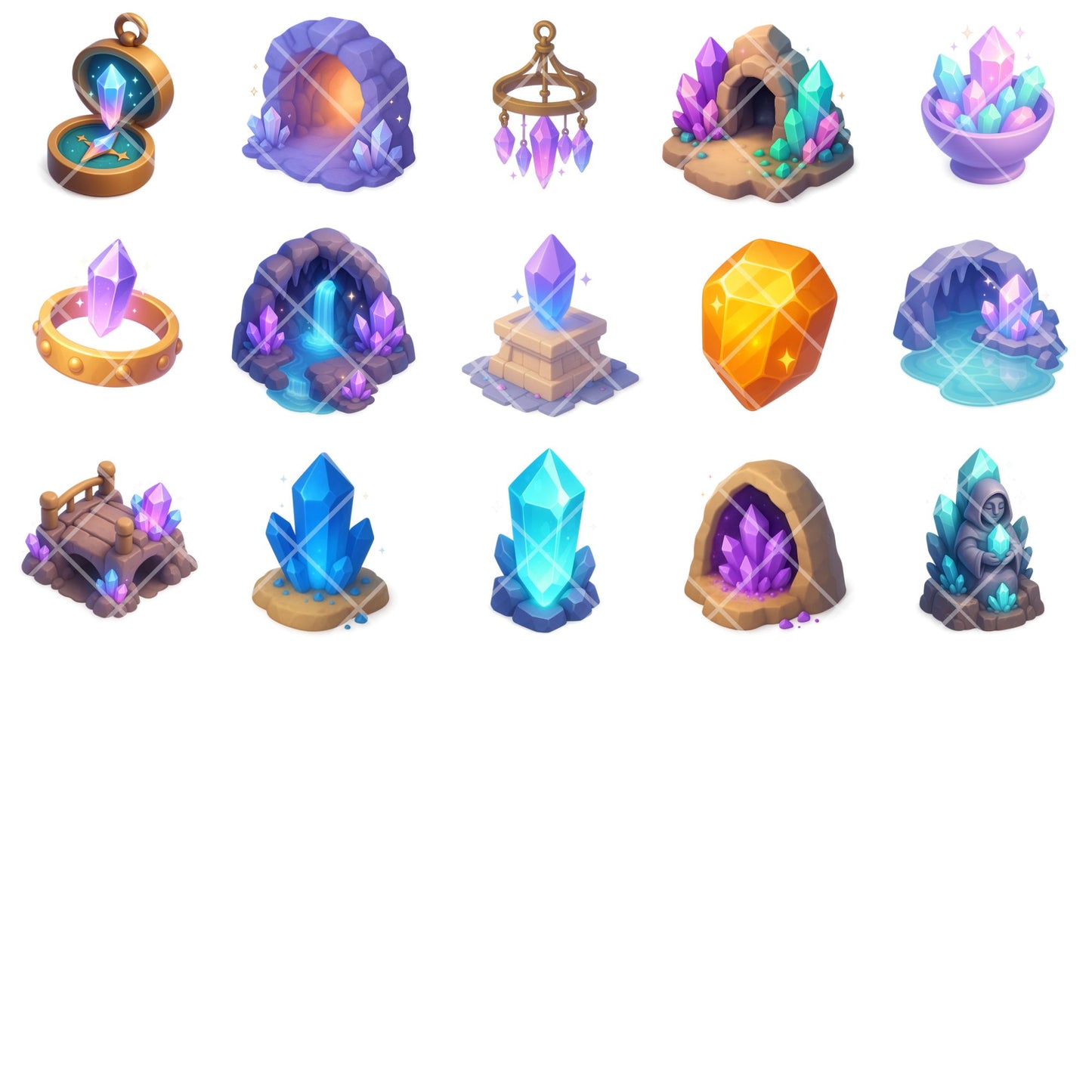Crystal Cave Clipart, 3D Gemstones PNG, Fantasy Minerals Alchemy Art, Enchanted Crystals & Caves Set (65 PNG)