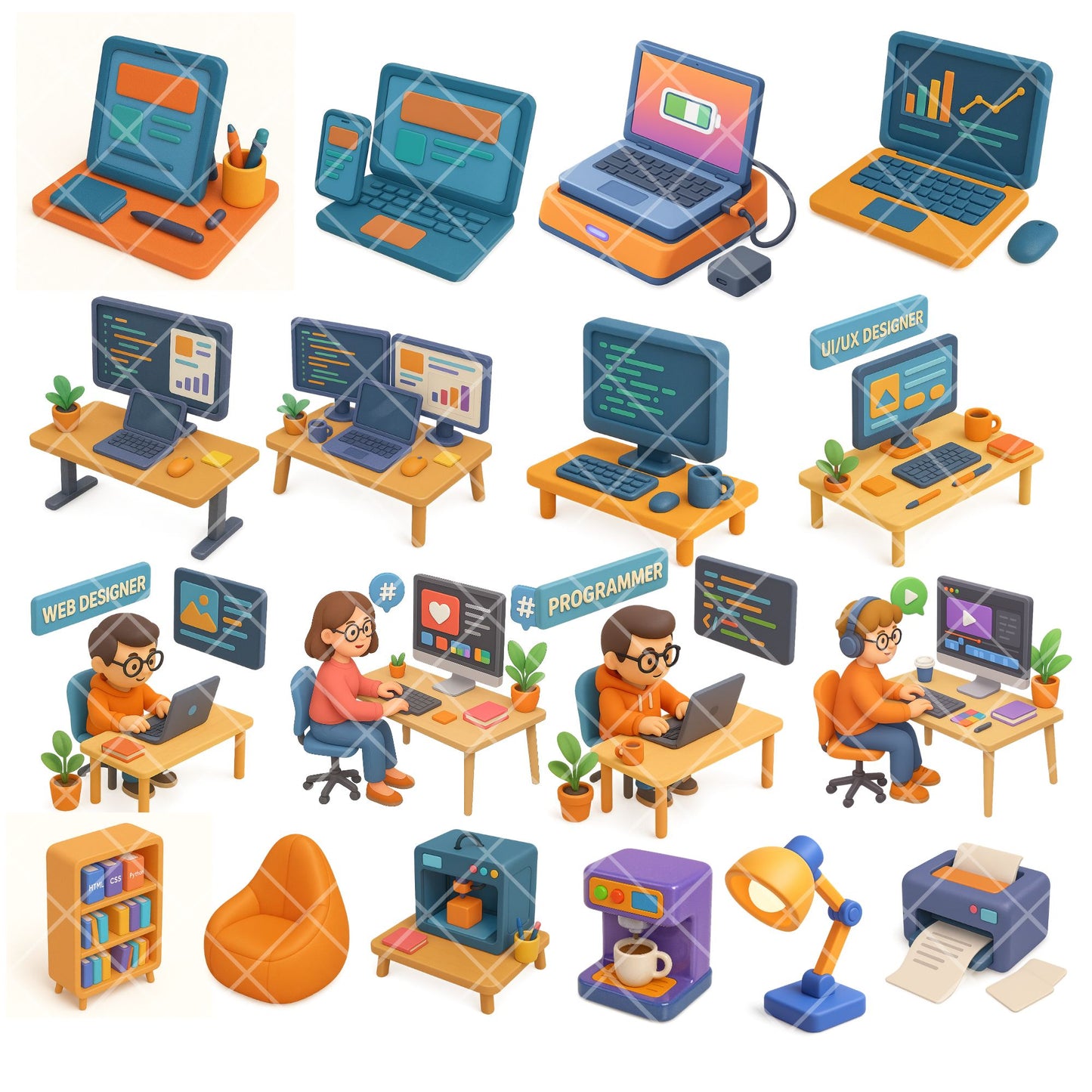 Tech Office Watercolor Clipart – Startup Workspace PNG Bundle | Business, Coding, Remote Work (60 Files)