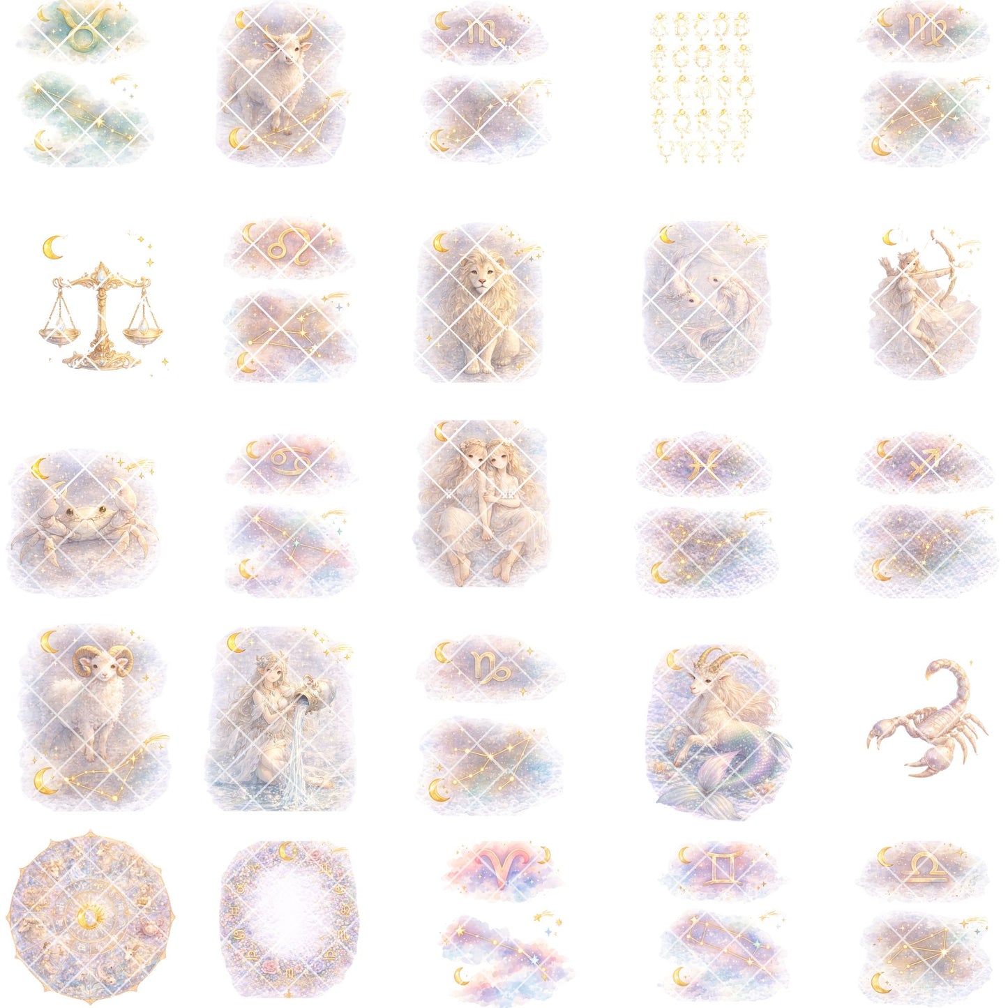 Zodiac Clipart – 55 Watercolor Astrology PNG Files – Horoscope Signs & Celestial Pastel Graphics