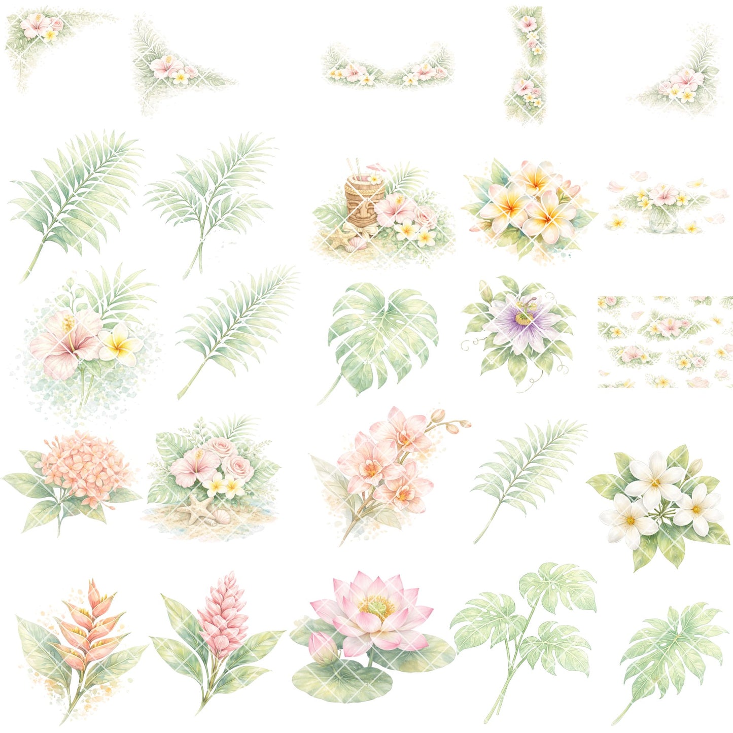Tropical Watercolor Flower Clipart – 55 Pastel Floral PNG Files – Hibiscus, Lotus & Tropical Leaves Graphics