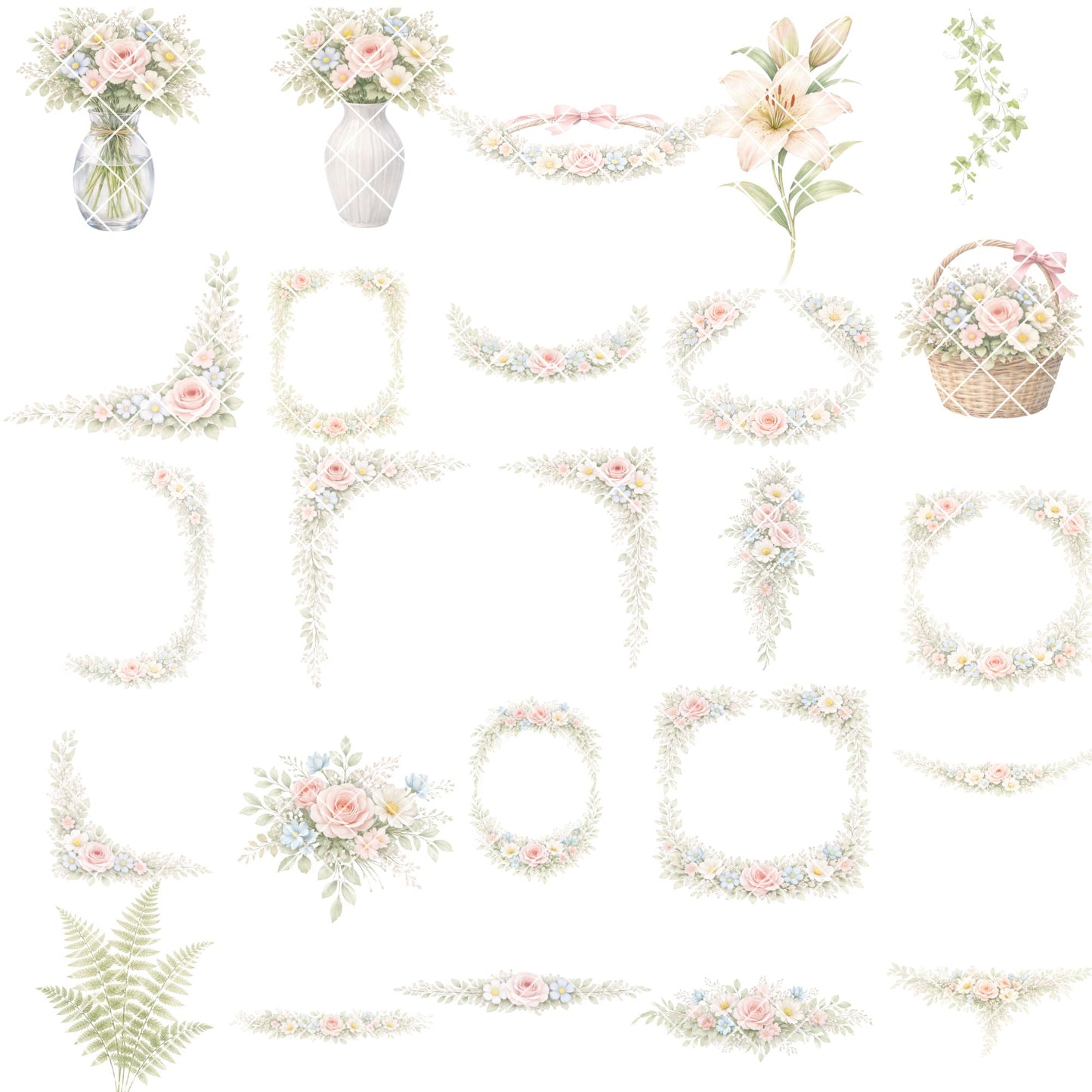Pastel Floral Watercolor Clipart – 55 Flower PNG Files – Roses, Peonies, Tulips & Bouquet Graphics