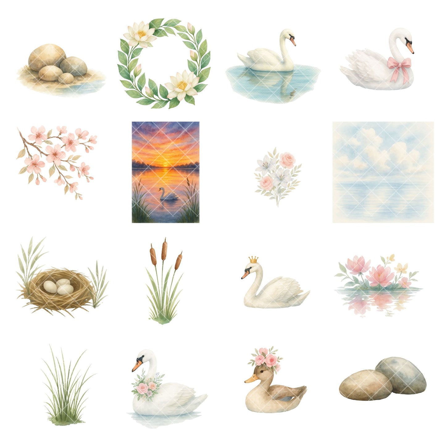 Swan Lake Watercolor Clipart Bundle – Elegant Pond Animals PNG, Swans & Nature Art, Wedding & Nursery Graphics, 50 PNG