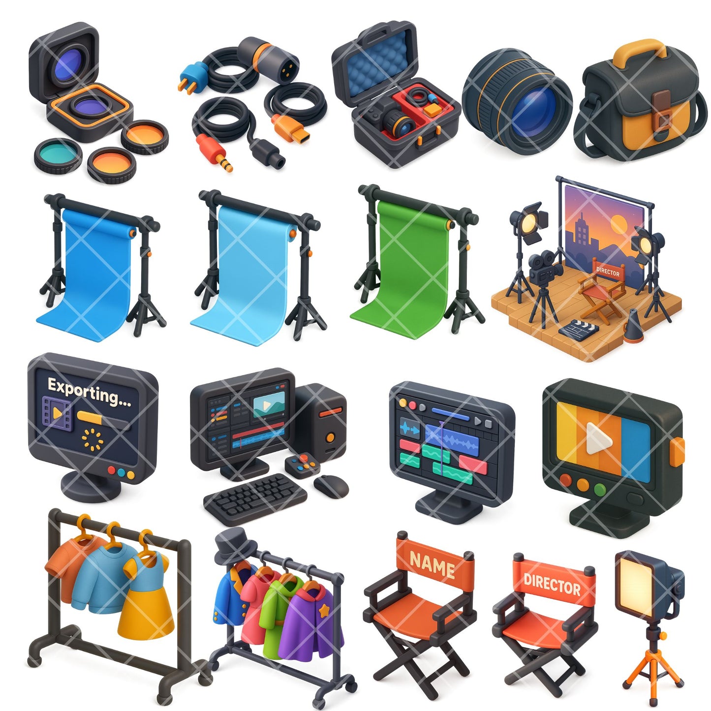 Photography & Film Studio Clipart – 3D Movie Maker PNG Bundle | Cameras, Lighting, Director Gear (60 Files)
