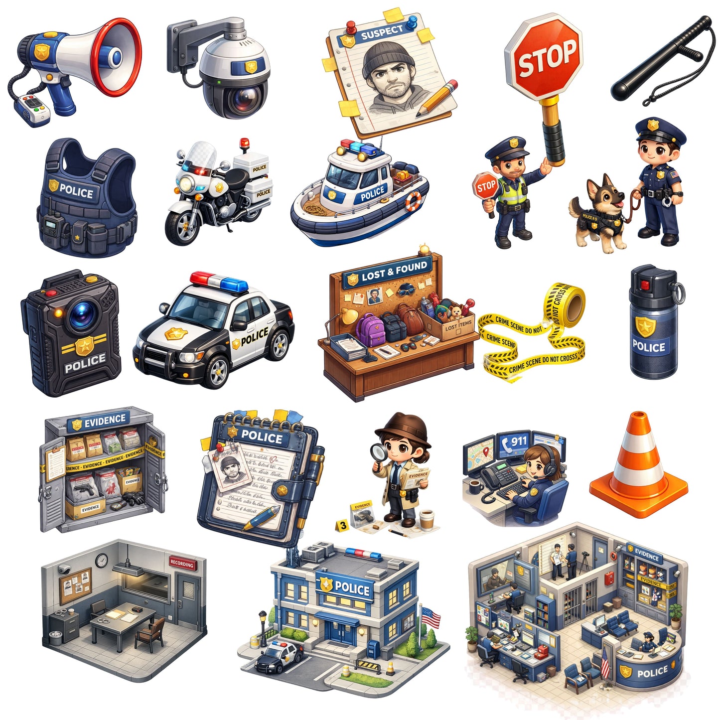 Police & Law Enforcement 3D Isometric Clipart Bundle – Kids Education PNG, Police Station, Officers, K9, Classroom & Game Art, 49 PNG