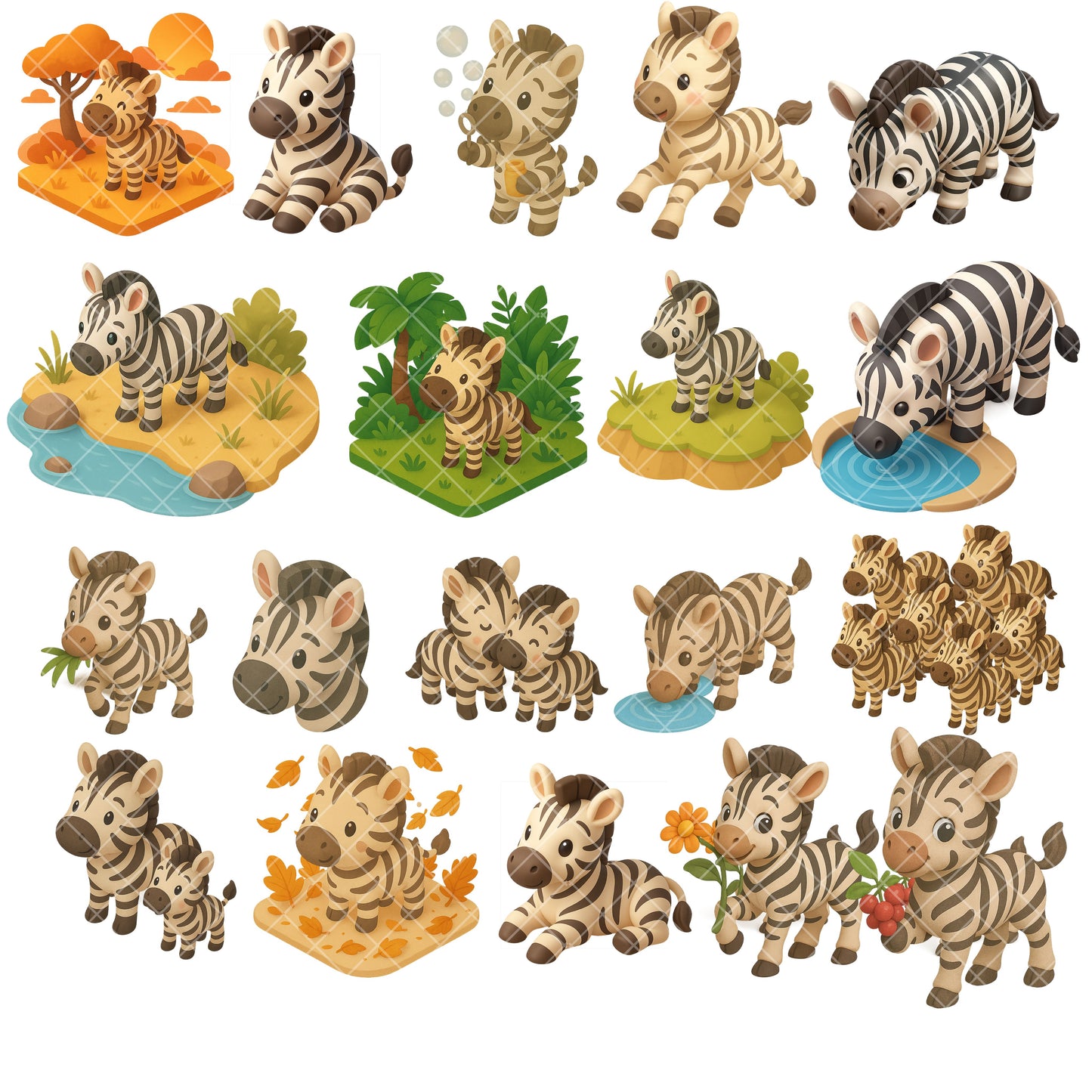 Zebra Clipart Bundle – 3D Isometric Safari PNGs (44 Files) – Cute Jungle Animals, Nursery & Classroom Graphics