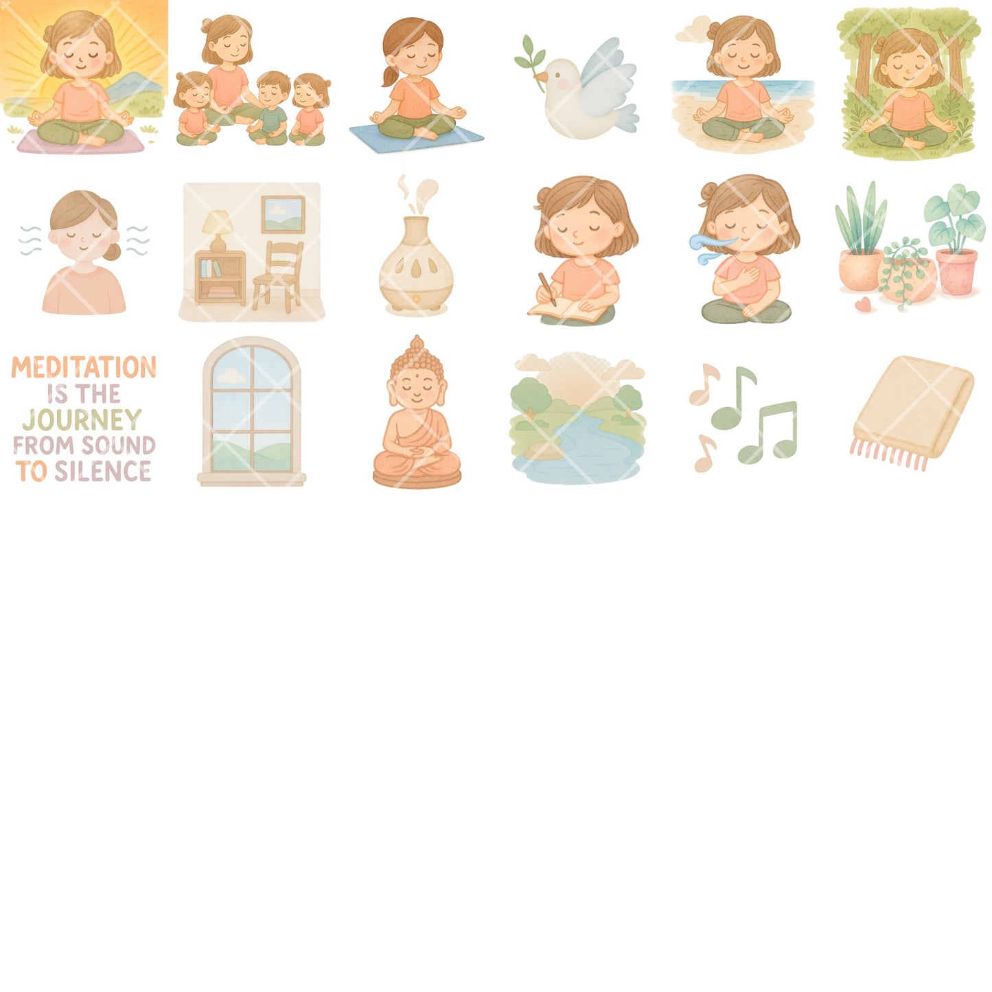 Meditation Watercolor Clipart, Mindfulness PNG Bundle, Yoga & Wellness Art, Calm Aesthetic Illustrations
