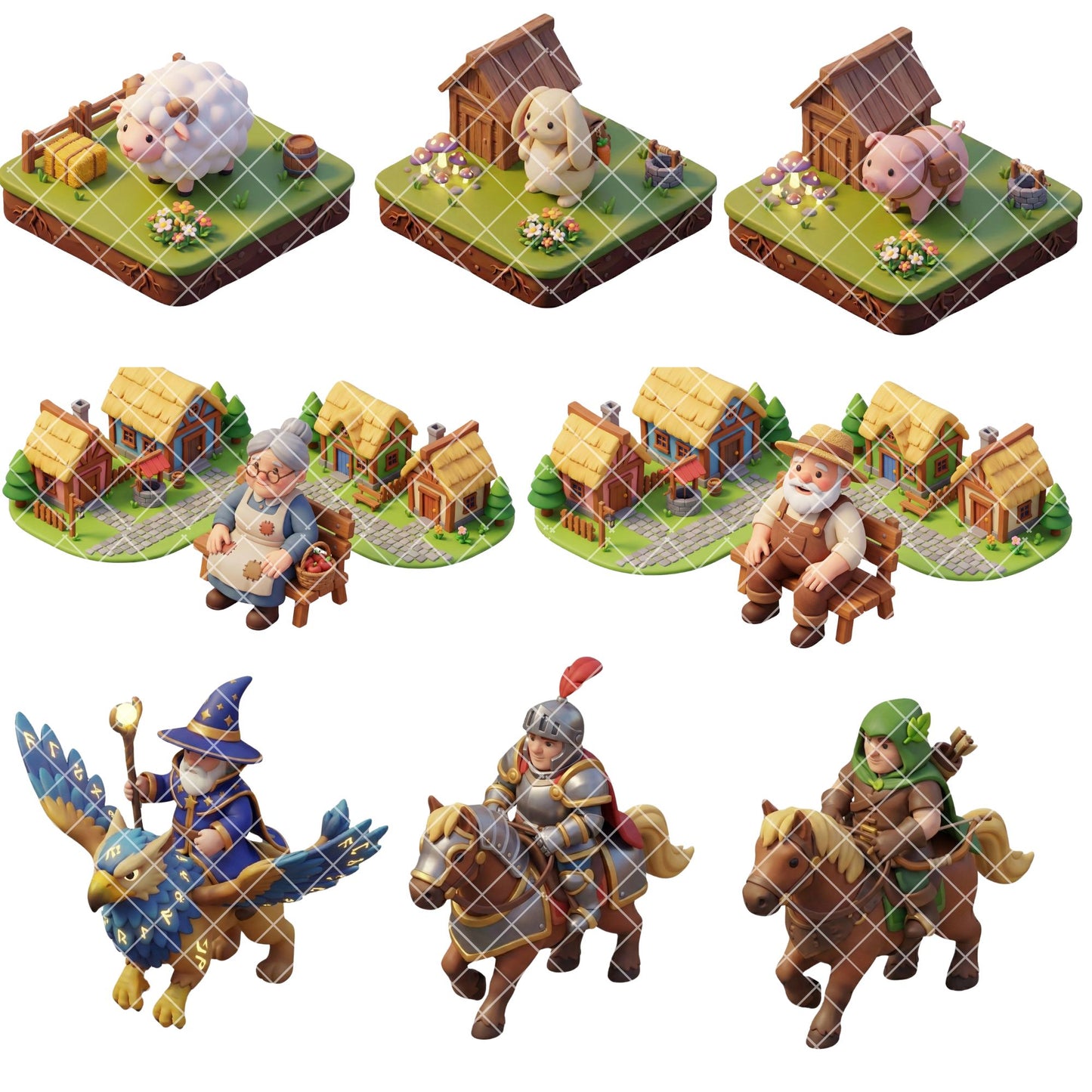 Cartoon Fantasy Characters 3D Clipart PNG Bundle – 50 Wizards, Dragons, Knights & Kids for Storytelling