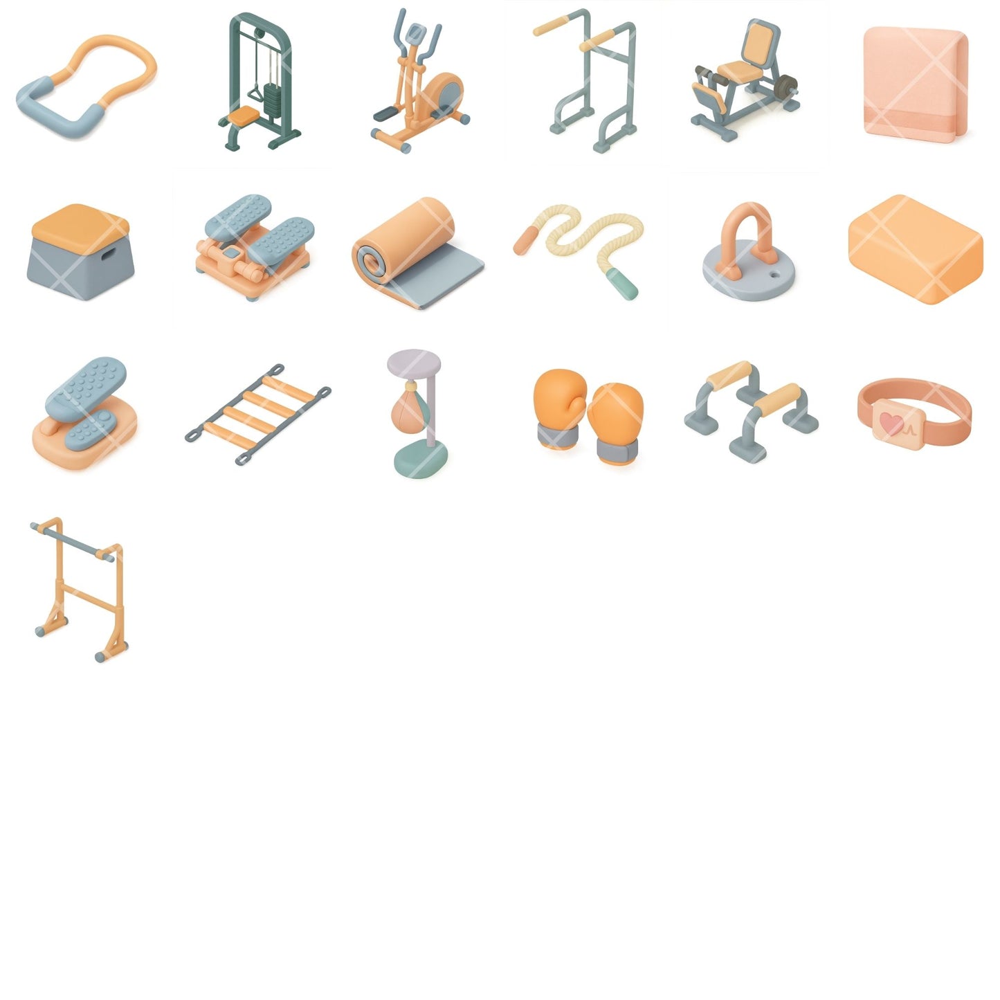 3D Fitness Clipart Bundle, Health Workout PNG, Isometric Gym Equipment, Fitness Planner Graphics