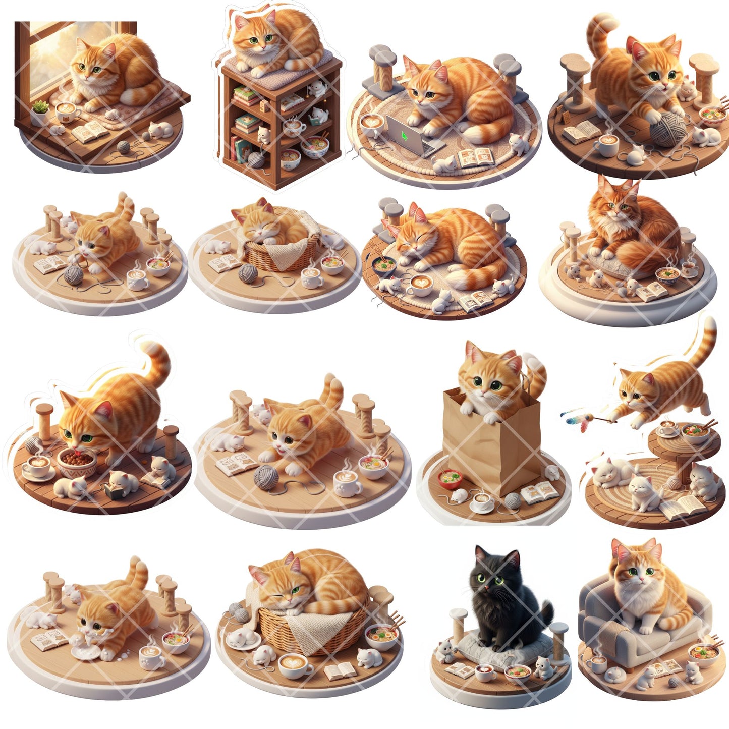 3D Cat Kitten PNG Clipart Bundle – Isometric Pet Lover Graphics | Cozy Cats, Cat Trees, Yarn, Tea Cups (50 Files)