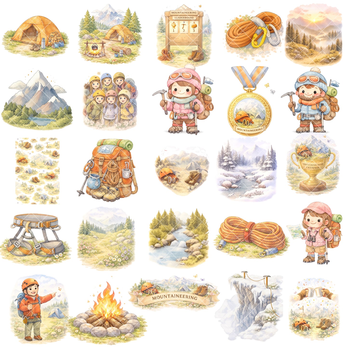 Mountaineering Watercolor Clipart Bundle – Hiking & Camping Adventure PNG, Mountain Nature Art for Journals, Scrapbooks & Travel, 50 PNG