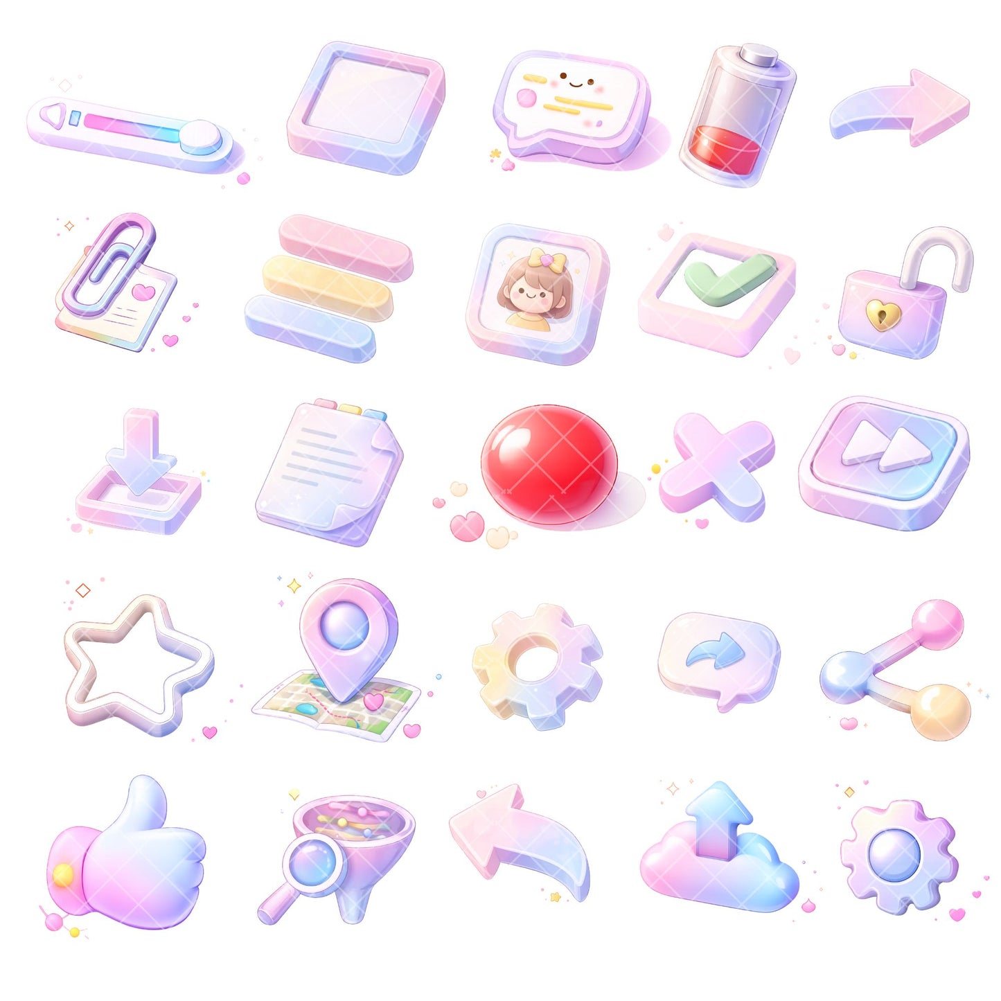Pastel UI Interface Clipart – 3D Buttons & Icons PNG Bundle (50 Files) – Cute Isometric App Icons, Dashboard Elements, UX Design Graphics